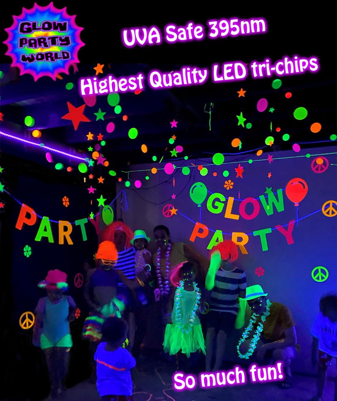 Glow Party World Black Lights for Glow Party! 115W Blacklight LED Strip kit. 4 UV Lights to Surround Your neon Party. Ultraviolet Lighting for Big Rooms. Easy Set up! Glow in The Dark Party Supplies. Fiesta Luz Negra