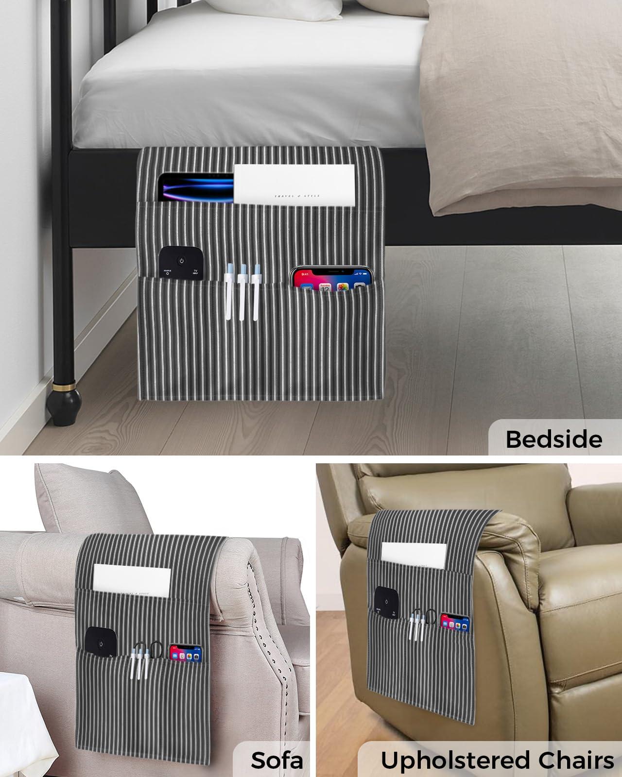 LBCASA LBCASA Sofa Armrest Organizer Bedside Caddy, Grey Striped Non Slip Couch Remote Control Holder for Recliner, Gray Modern Abstract Art Aesthetics Arm Chair Caddy with Pocket for Magazine, 13\"x35\"