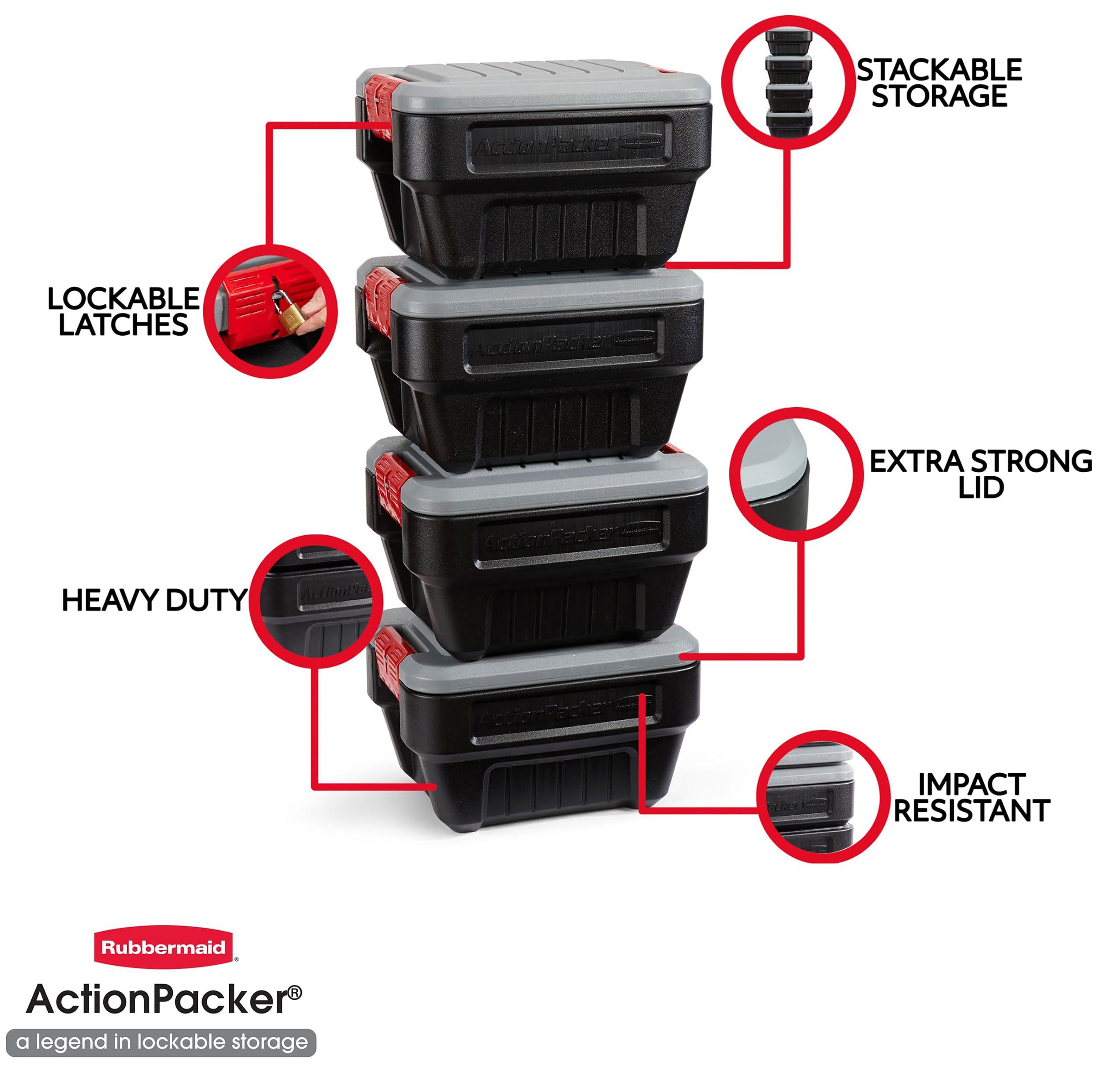 Rubbermaid Rubbermaid ActionPacker 8 Gal Lockable Storage Box Pack of 4, Outdoor, Industrial, Rugged, Grey and Black