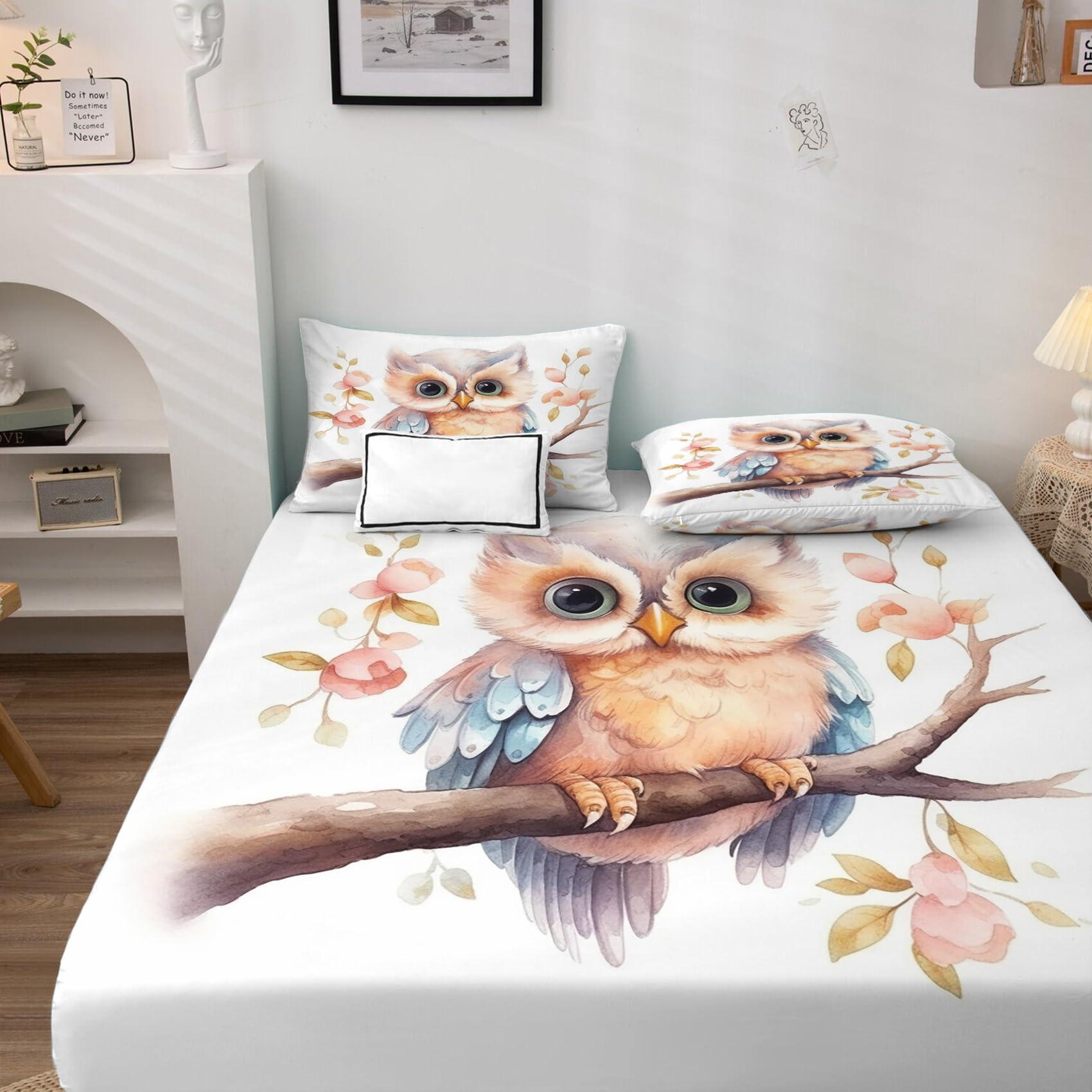 zcsm zcsm Full Size Sheet Sets - Owl Bed Sheets, Kids Bedding Sheets & Pillowcases, Soft Microfiber & Deep Pocket & Wrinkle Free Patterned Sheet Set, 4 Piece (1 Fitted Sheet, 1 Flat Sheet, 2 Pillow Cases)