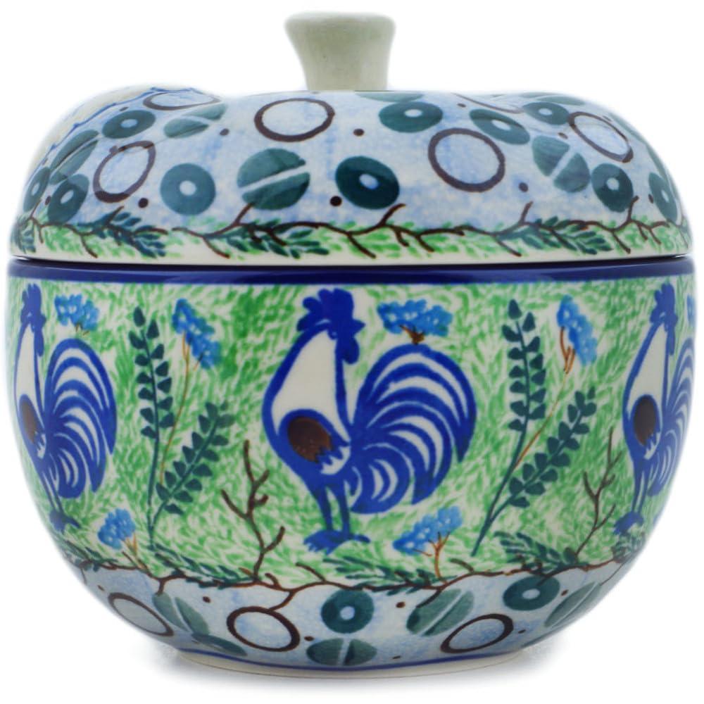 Polmedia Polish Pottery Authentic Polish Pottery Apple Shaped Jar Signature UNIKAT in Blue Rooster Design Handmade in Bolesawiec Poland by Ceramika Artystyczna + Certificate of Authenticity