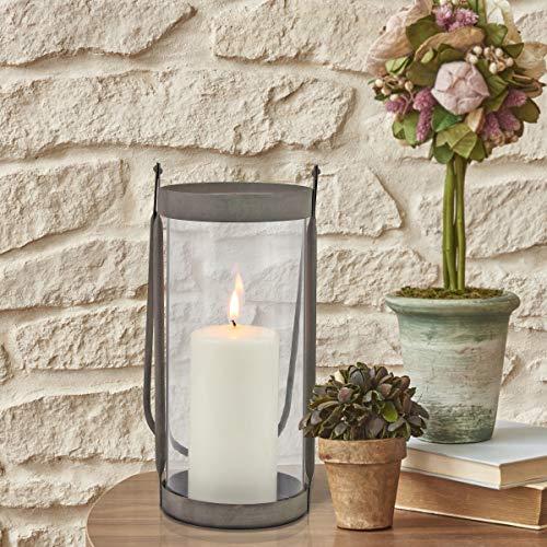 Stonebriar Stonebriar Industrial Glass Cylinder Hurricane Candle Lantern with Rustic Zinc Metal Frame and Handle, Gray
