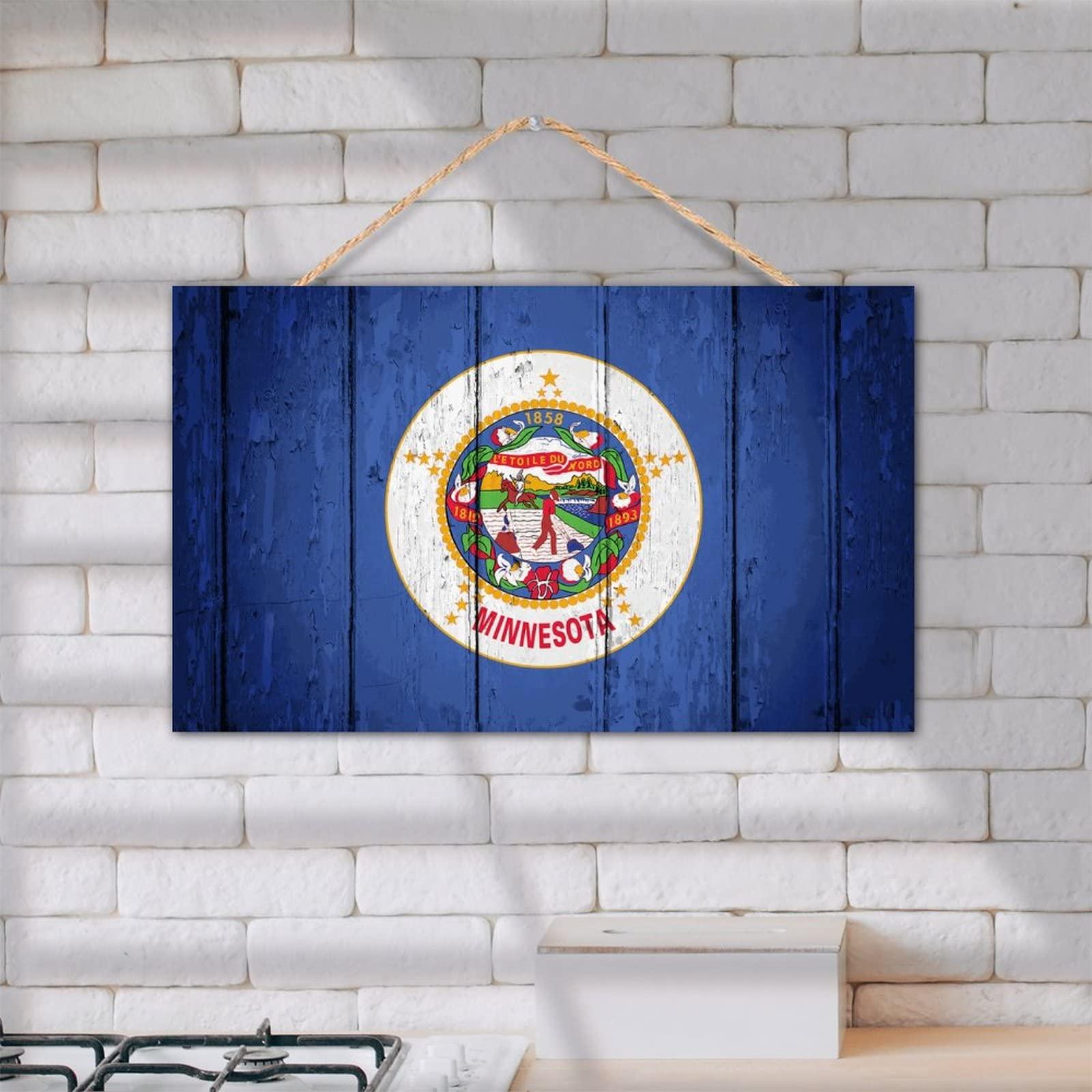 TEANFUN TEANFUN Minnesota State Wood Hanging Sign Rustic Minnesota State Flag Wood Wall Sign Hanging Decorative Door Wood Sign for Rustic Home Decor 12x20 Inch