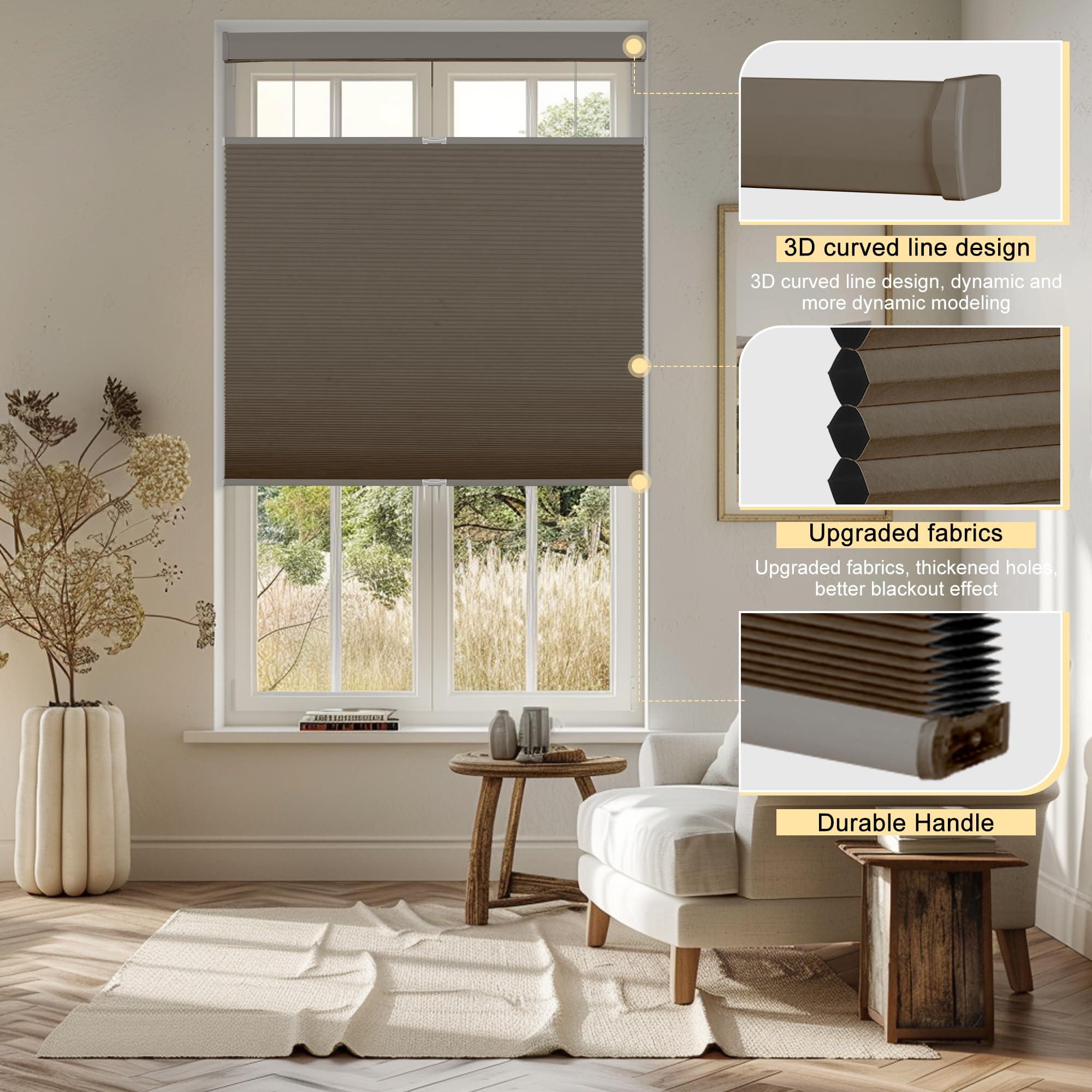 BERISSA BERISSA Top Down Bottom Up Cordless Cellular Shades Pull Down Blackout Room Darkening Window Shades Honeycomb Blinds for Windows and Skylights,Brown,81" W x 36" H