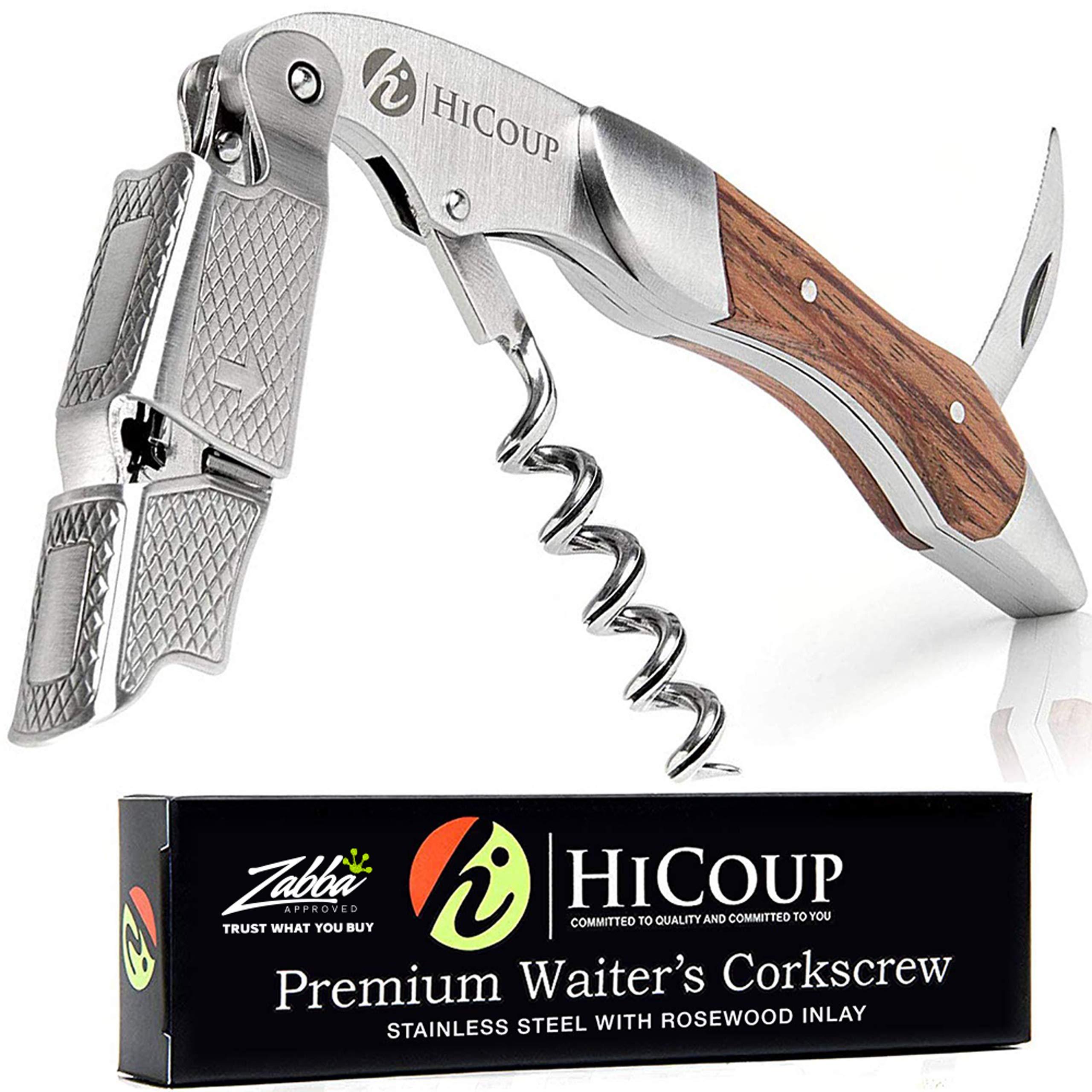 HiCoup Kitchenware Hicoup Wine Opener - Professional Corkscrews for Wine Bottles w/Foil Cutter and Cap Remover - Manual Wine Key for Servers, Waiters, Bartenders and Home Use - Stainless Steel With Rosewood
