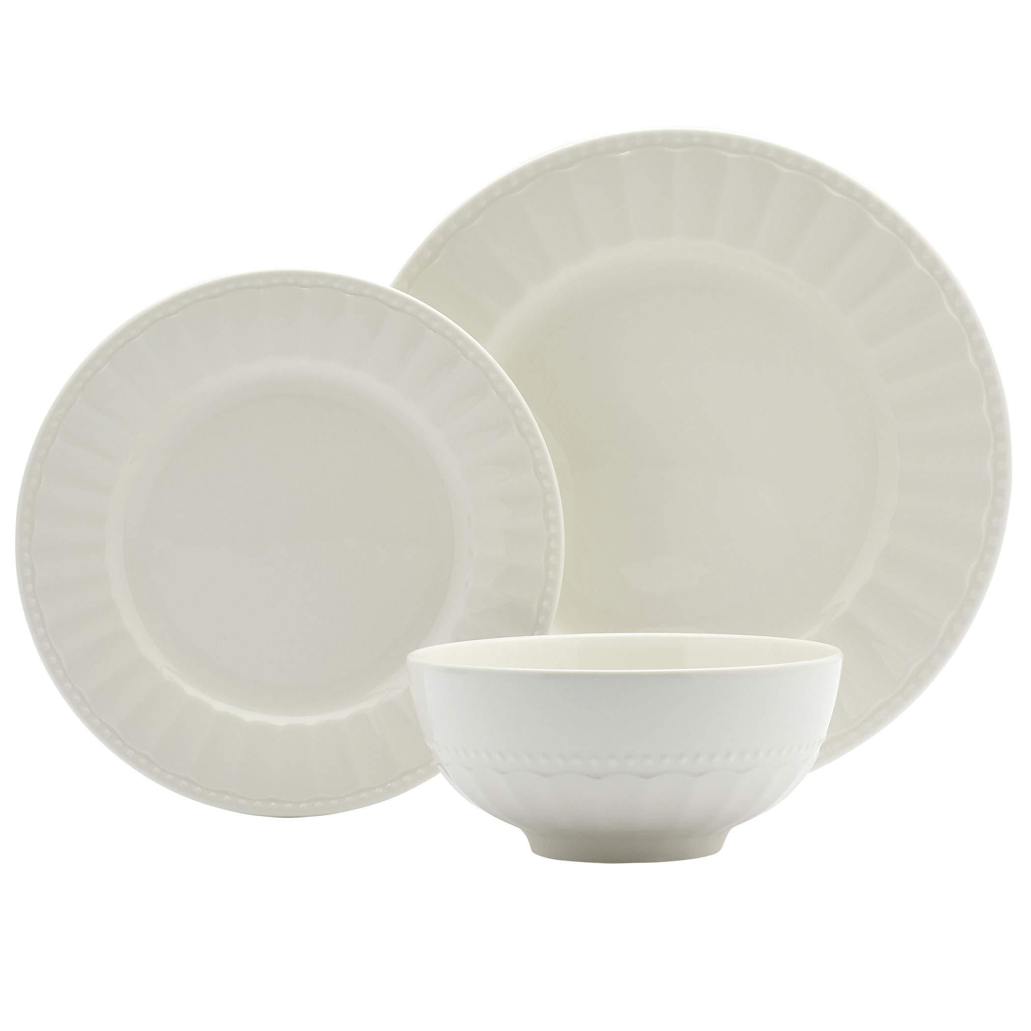 TTU Tabletops Gallery Embossed Bone White Porcelain Round Dinnerware Collection- Chip Resistant Scratch Resistant, Mosaico 12 Piece Dinnerware Set (Dinner Plate, Salad Plate, Cereal Bowl)