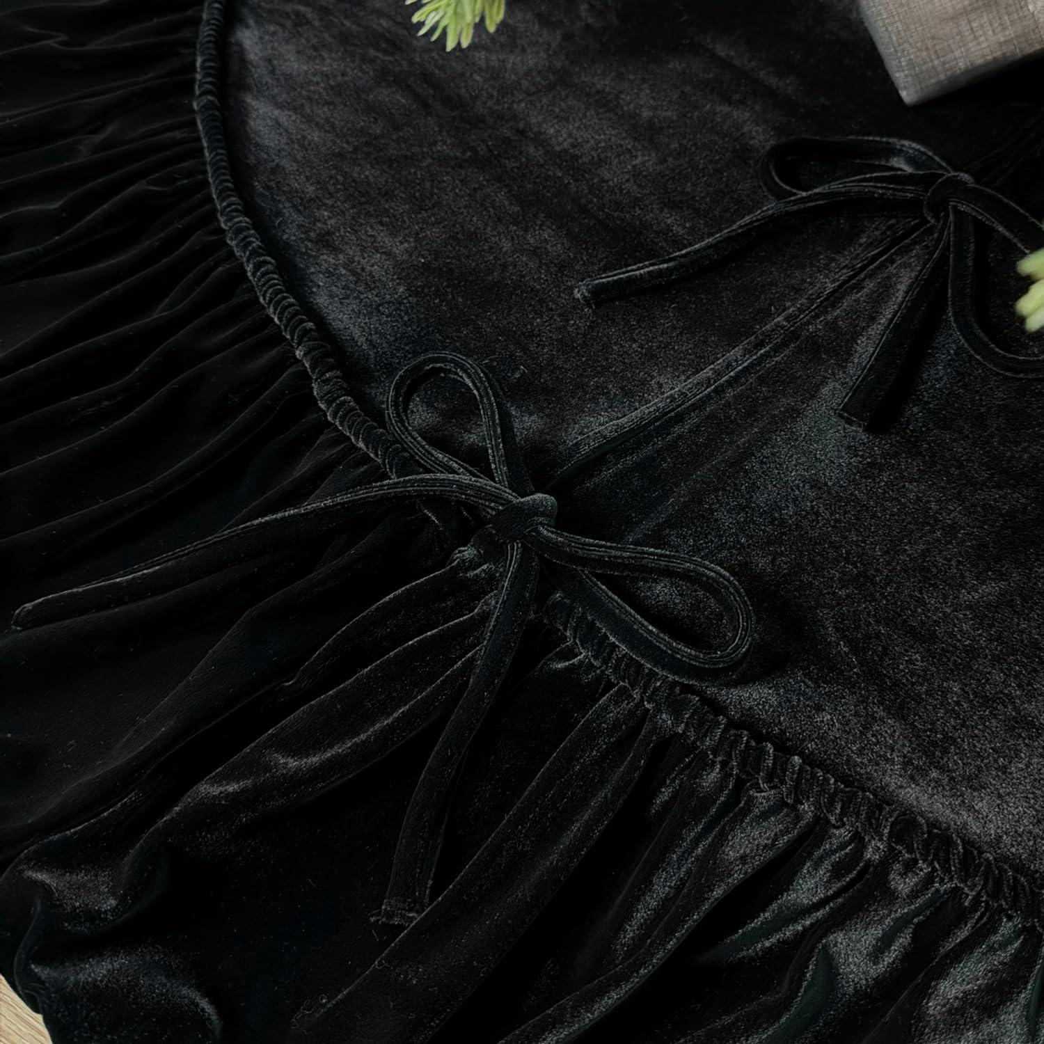 Starry Dynamo 84-Inch Ruffled Velvet Christmas Tree Skirt, Thick Foam-Lined Heavy Duty Fabric with Plush Lace Ties, Black