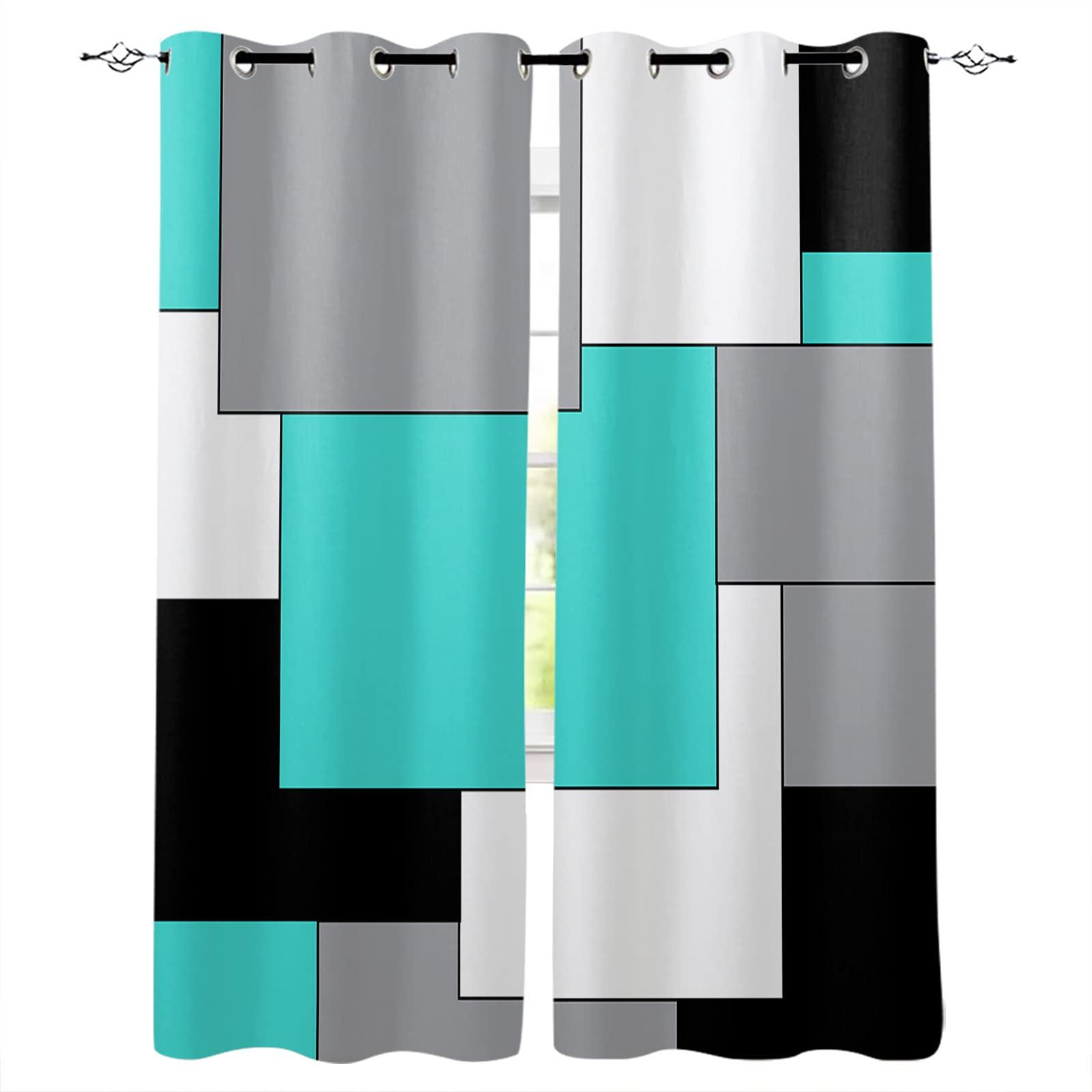 Tersuger Turquoise Black and Grey Blackout Curtains 42x63 inch Length 2 Panels Set, Modern Patchwork Art Abstract Room Darkening Curtains Grommet Thermal Insulated Window Drapes for Living Room Bedroom Decor