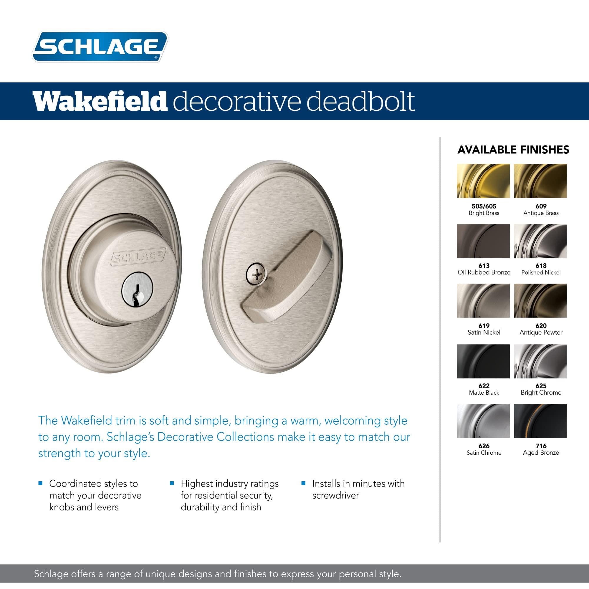 SCHLAGE Schlage B60 N WKF 605 Deadbolt with Wakefield Trim Keyed 1 Side, Highest Residential Security, Bright Brass