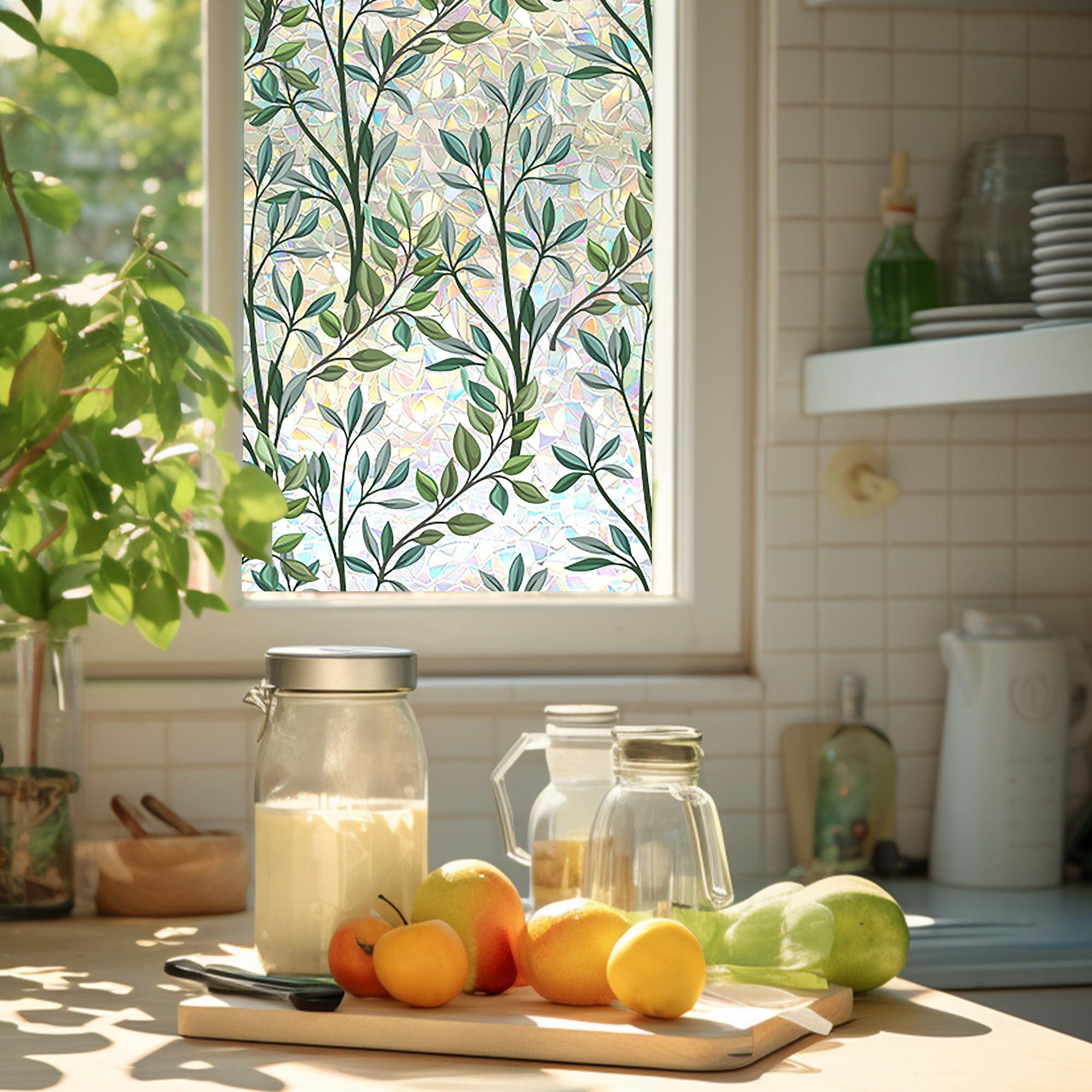 ACOSIY Stained Glass Window Film, Privacy Film for Glass Windows, Decorative Window Cling, Window Coverings Film for Bathroom Home Office, Non Adhesive Window Cling Film (Green)