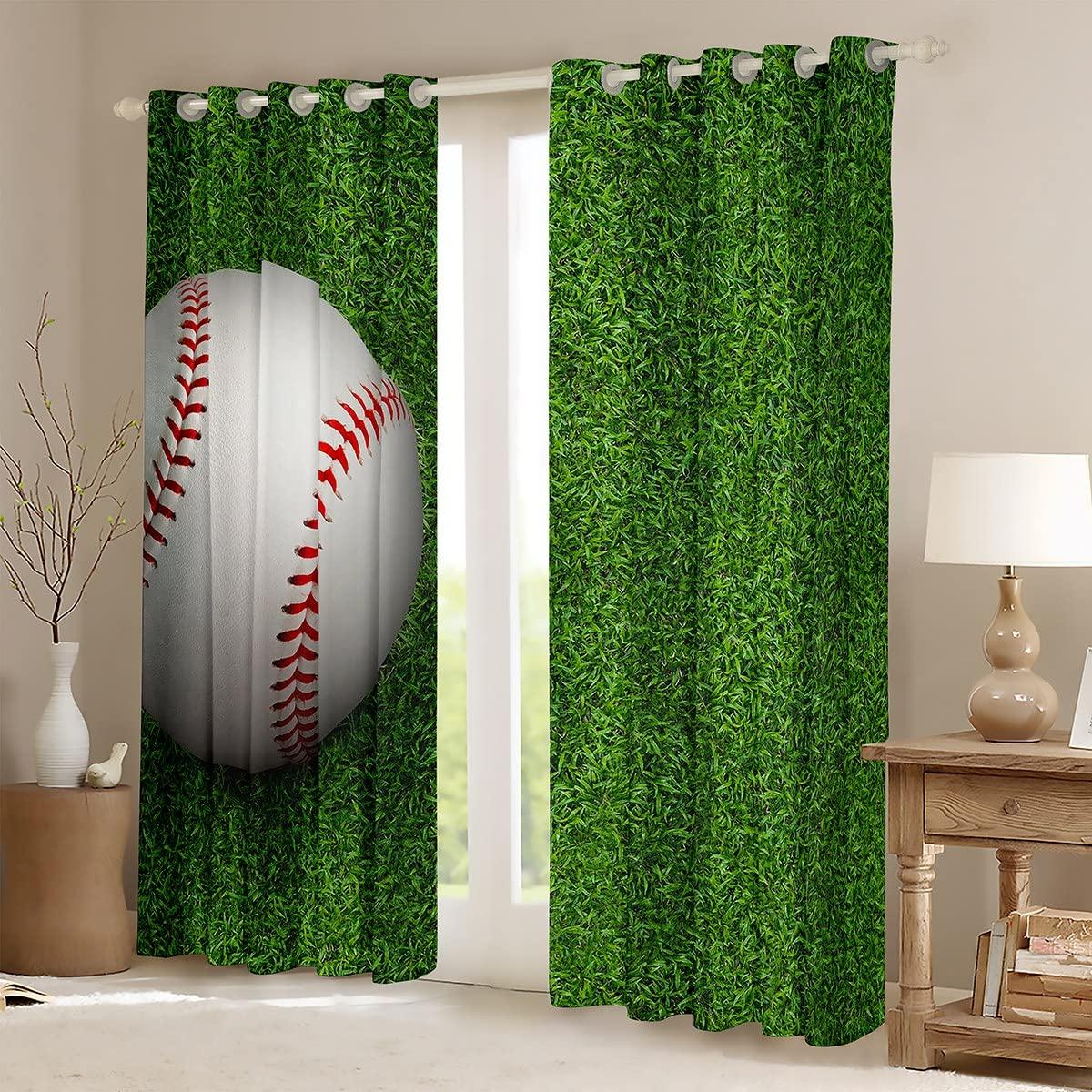 Homewish Baseball Window Curtains,Ball Sports Game Window Drapes for Kids Teens Adult,Grass Stripes Green Spring Summer Window Treatments Grommet Top 2 Panel Set Curtains, 42Wx84L inch