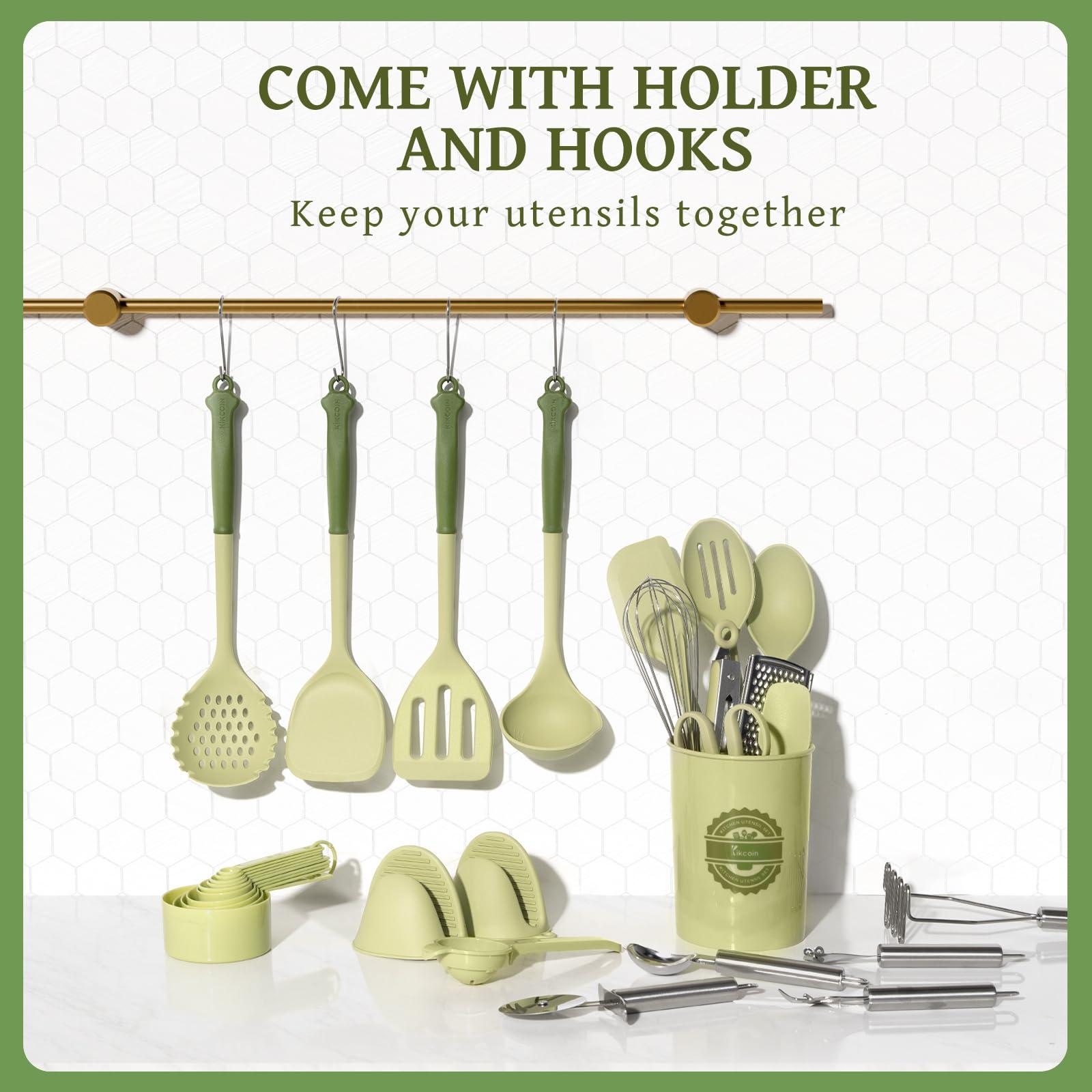 Kikcoin Kikcoin 43Pcs Kitchen Utensils Set - Silicone Cooking Utensils Set, Dishwasher Safe Spatula Set for Non-stick Cookware, 446F Heat Resistant Kitchen Utensils Set with Holder BPA Free, Avocado Green