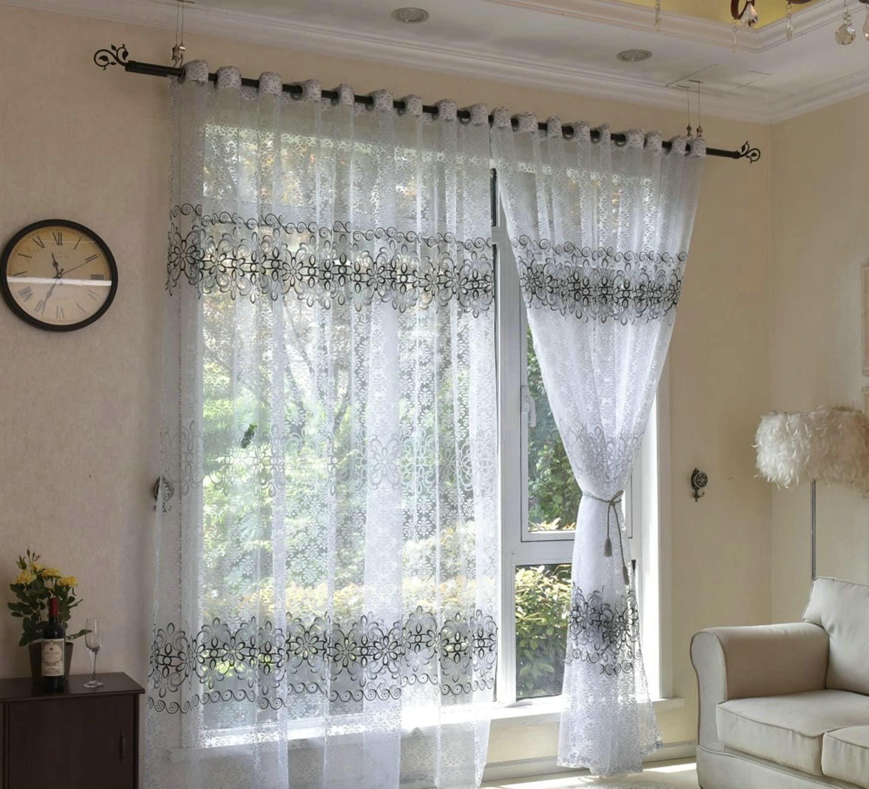 KnBoB KnBoB Sheer Window Curtains 54 Inch Length, Polyester Grey Privacy Curtains That Let Light in Kitchen Flower Printed Grommet Extra Wide Curtain Panels Semi Sheer 34x54 Inch