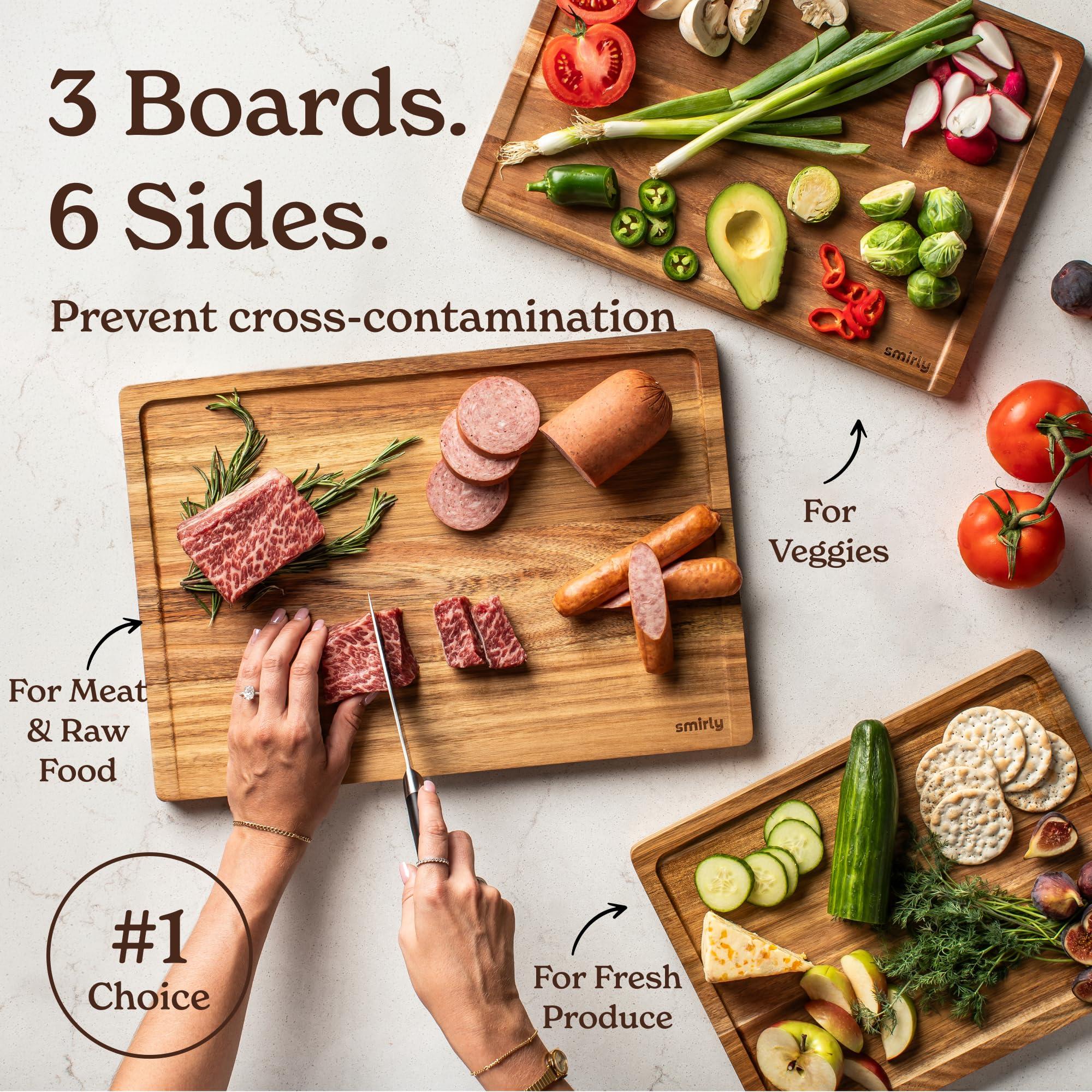 SMIRLY SMIRLY Wood Cutting Boards For Kitchen Meal Prep & Serving, Bamboo Cutting Board Set, Charcuterie Chopping Boards and Wooden Cutting Boards for Kitchen