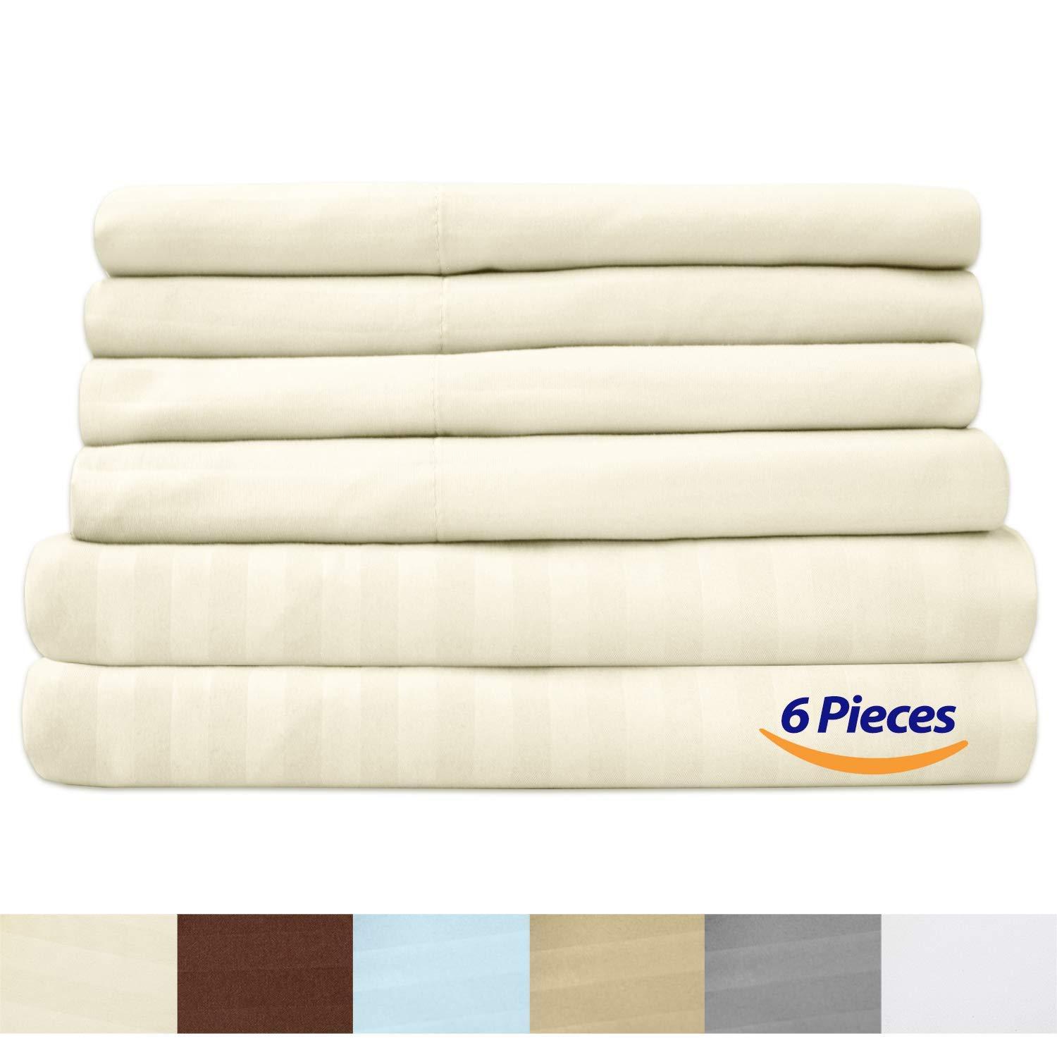 RRlinen RRlinen 6 Piece 800 Thread Count 24\'\' Deep Pocket Queen Sheet Set with 2 Extra Pillow Cases Long Staple Cotton Sheets Ivory Stripe Soft and Comfortable Bedding Set (Queen, Ivory Stripe)
