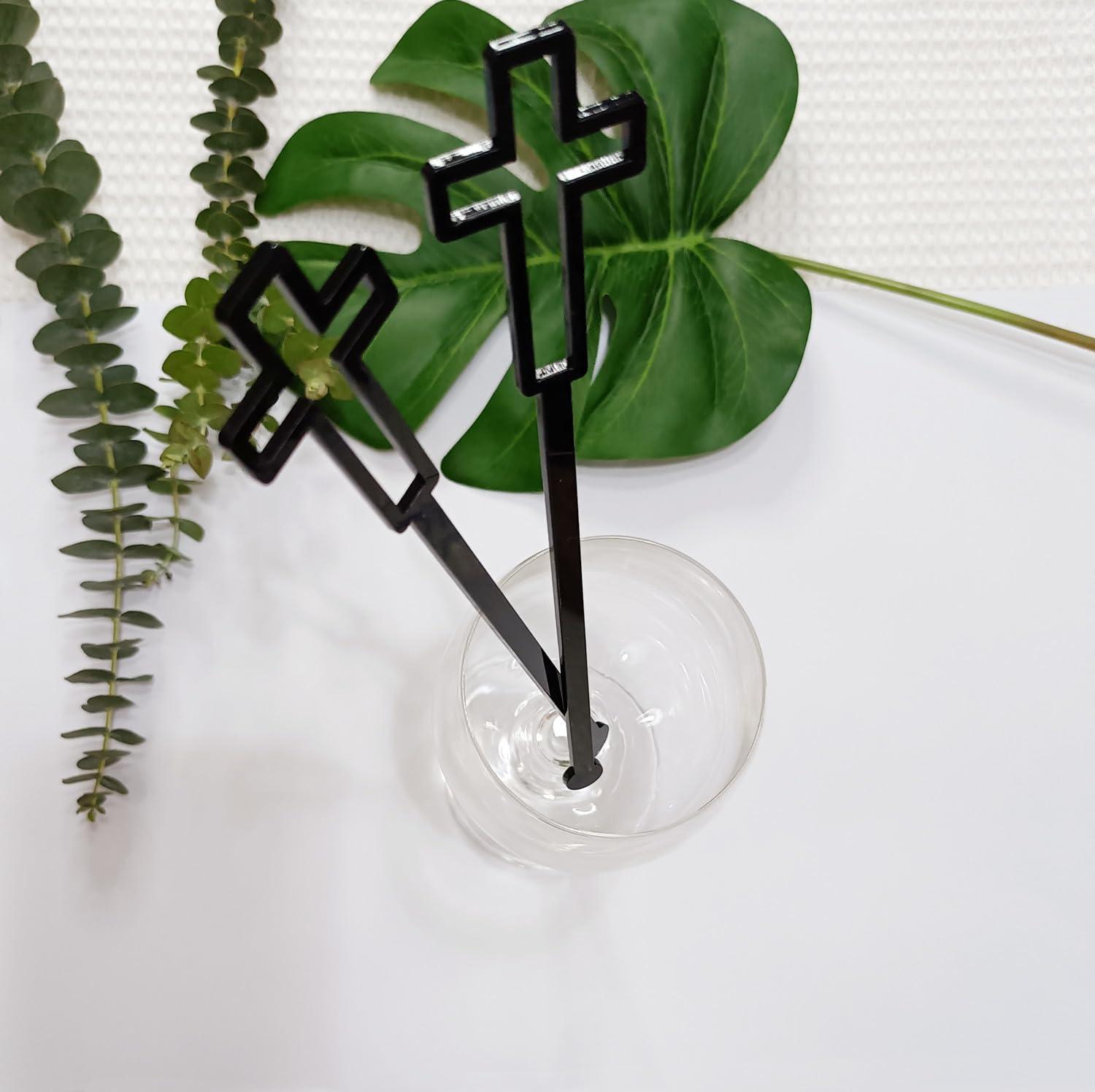 Yuxuanish Cross Cocktail Stirrers Swizzle Stir Stick,20pcs of Drink Stirrers,Acrylic Stir Sticks for Baptism,First Communion Decorations (Black)