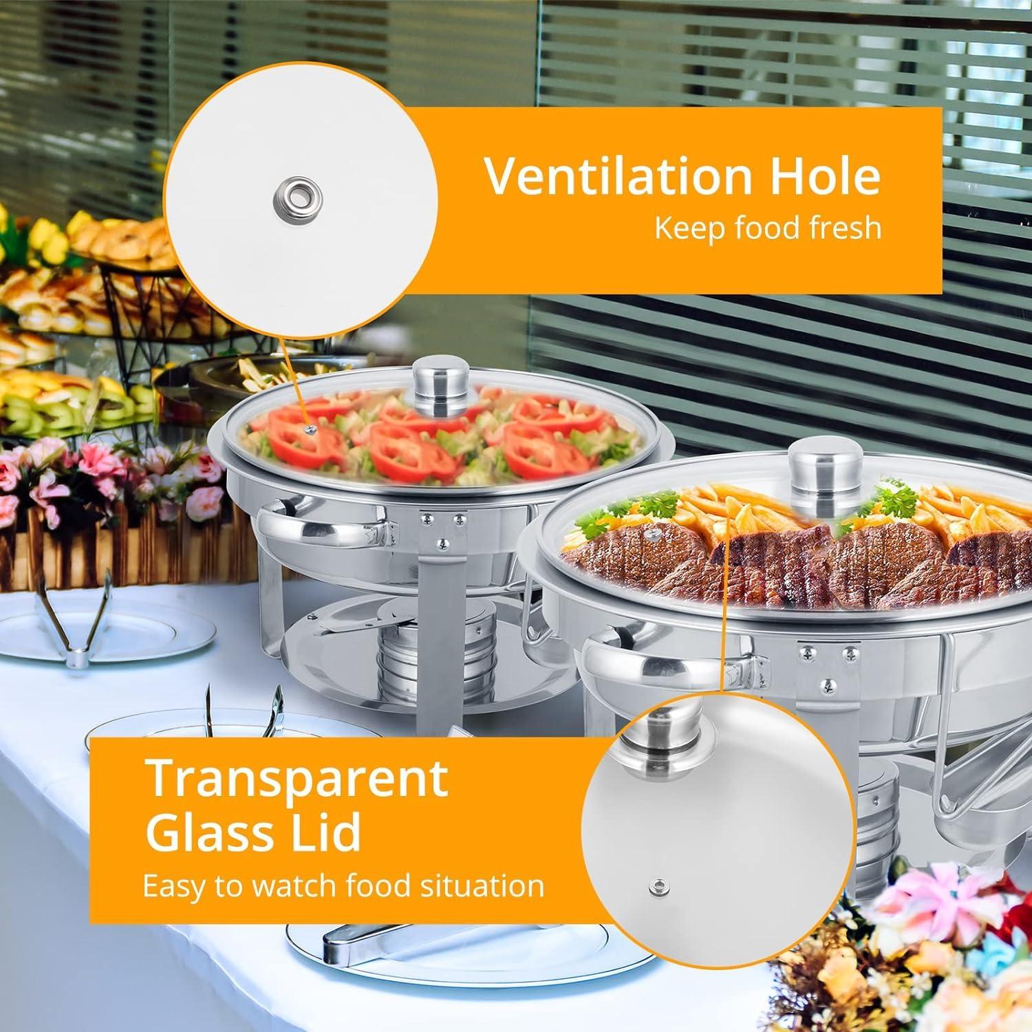 ROVSUN ROVSUN 5Qt 6 Pack Chafing Dish Buffet Set, NSF Stainless Steel Round Chafers for Catering, Buffet Servers and Warmers Set with Glass Lid & Lid Holder for Wedding Party Banquet Event