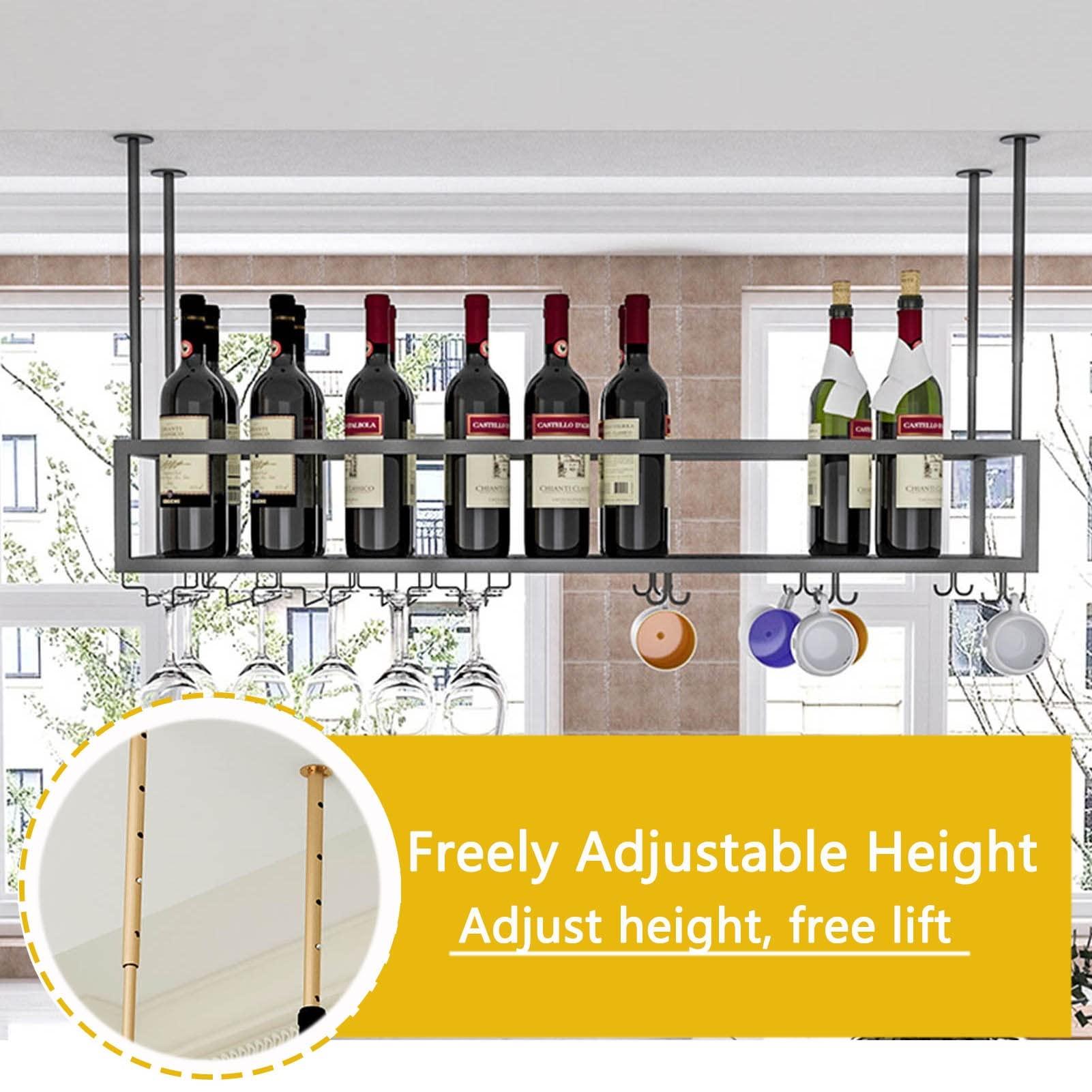 Gaommini Bar Wine Rack Ceiling Wall Hanging Wine Bottle Holder Metal, Upside Down Wine Glass Storage Racks, Goblet Stemware Racks for Under Cabinet, Kitchen Black Adjustable Height ( Size : 140x25x21cm )