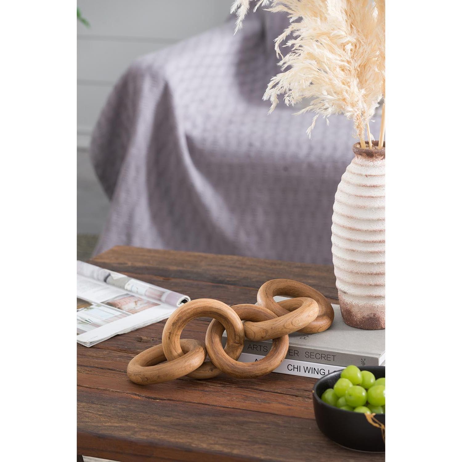 T2 CONCEPT T2 CONCEPT 100% Teak Wood Decorative 5 Link Chain Sculpture, Natural Brown, Modern Minimalist, 19.5 x 4.5, Round Circle Design, for All Styles, Mantel, Coffee Table, Bookshelf, Home and Office