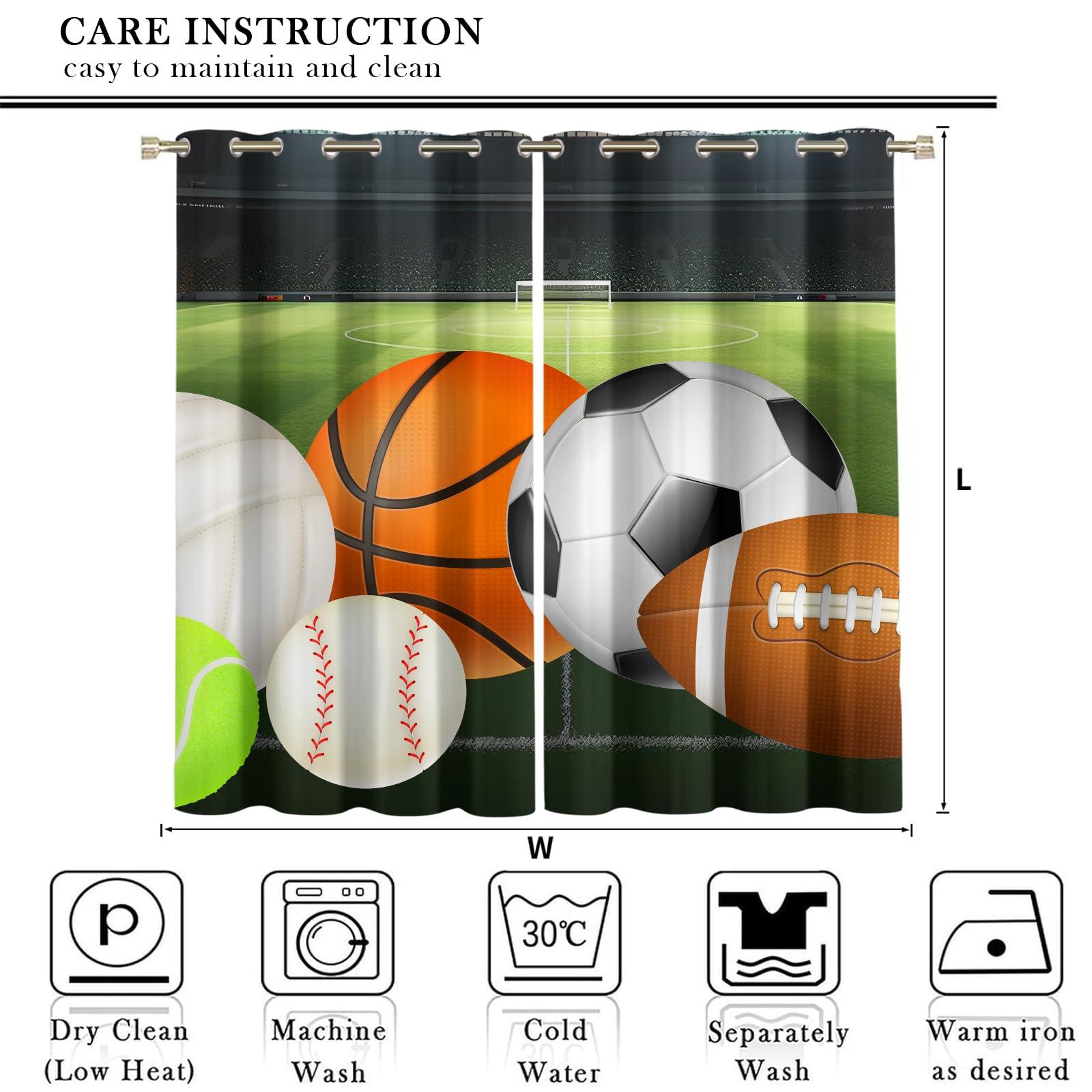 CTTELUN Basketball Football Baseball Window Curtains, Green Court Sports Darkening Grommet Drapes, Thermal Insulated Room Darkening Window Treatments for Boys Room Playroom Nursery 39.5"W x 63"L x 2 Panels