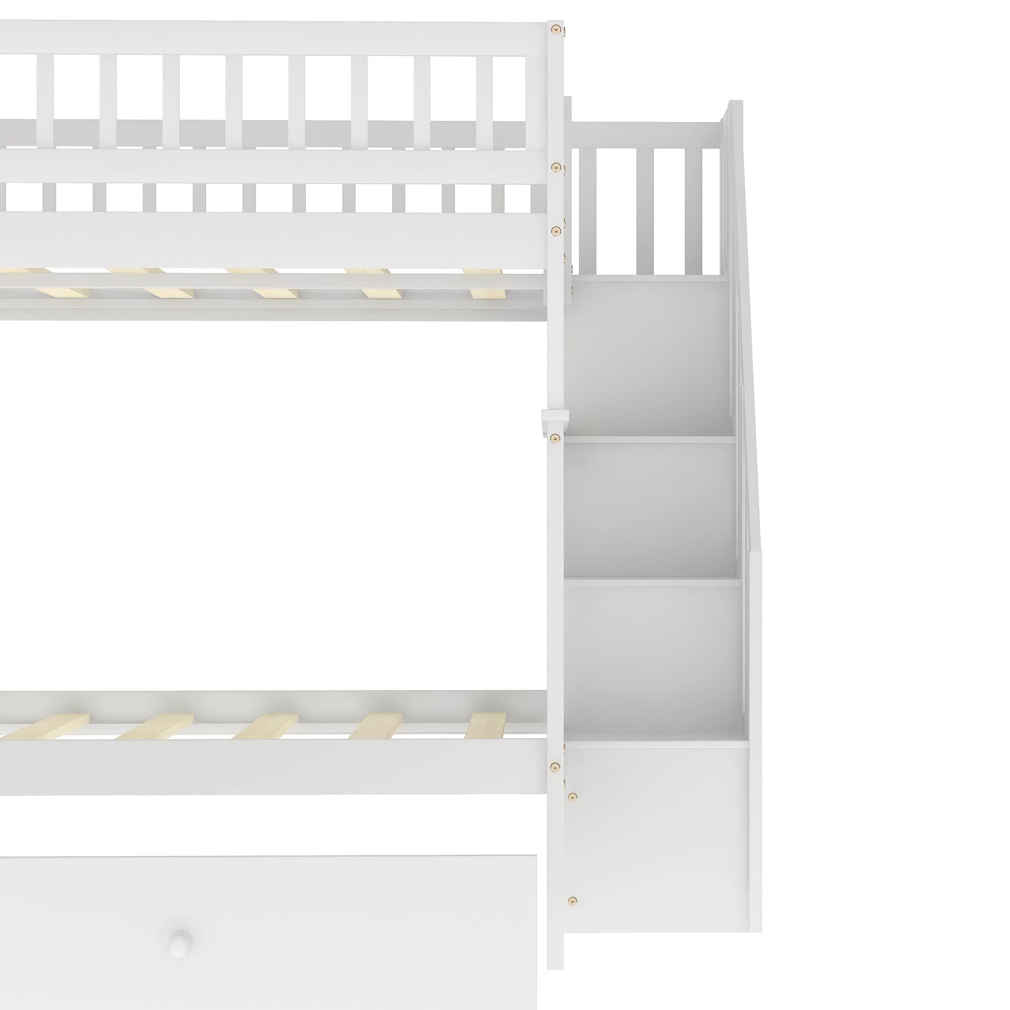 Quarte Quarte Full Over Full Bunk Bed with Trundle/Staircase/4 Storage Shelves, Convertible 3 Individual Beds, Solid Wood Bunk Bed Designed for Kids/Teens/Adults (White+Full/Full*)