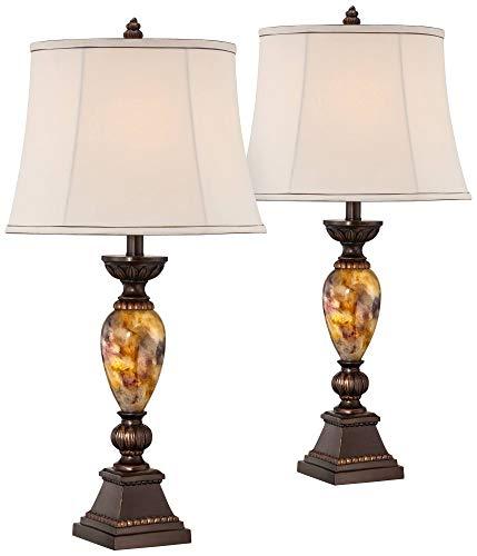 kathy ireland kathy ireland Mulholland Traditional Vintage Table Lamps 30\" Tall Set of 2 Aged Bronze Marbleized Golden Off White Fabric Oval Shade for Living Room Bedroom House Nightstand Office Entryway