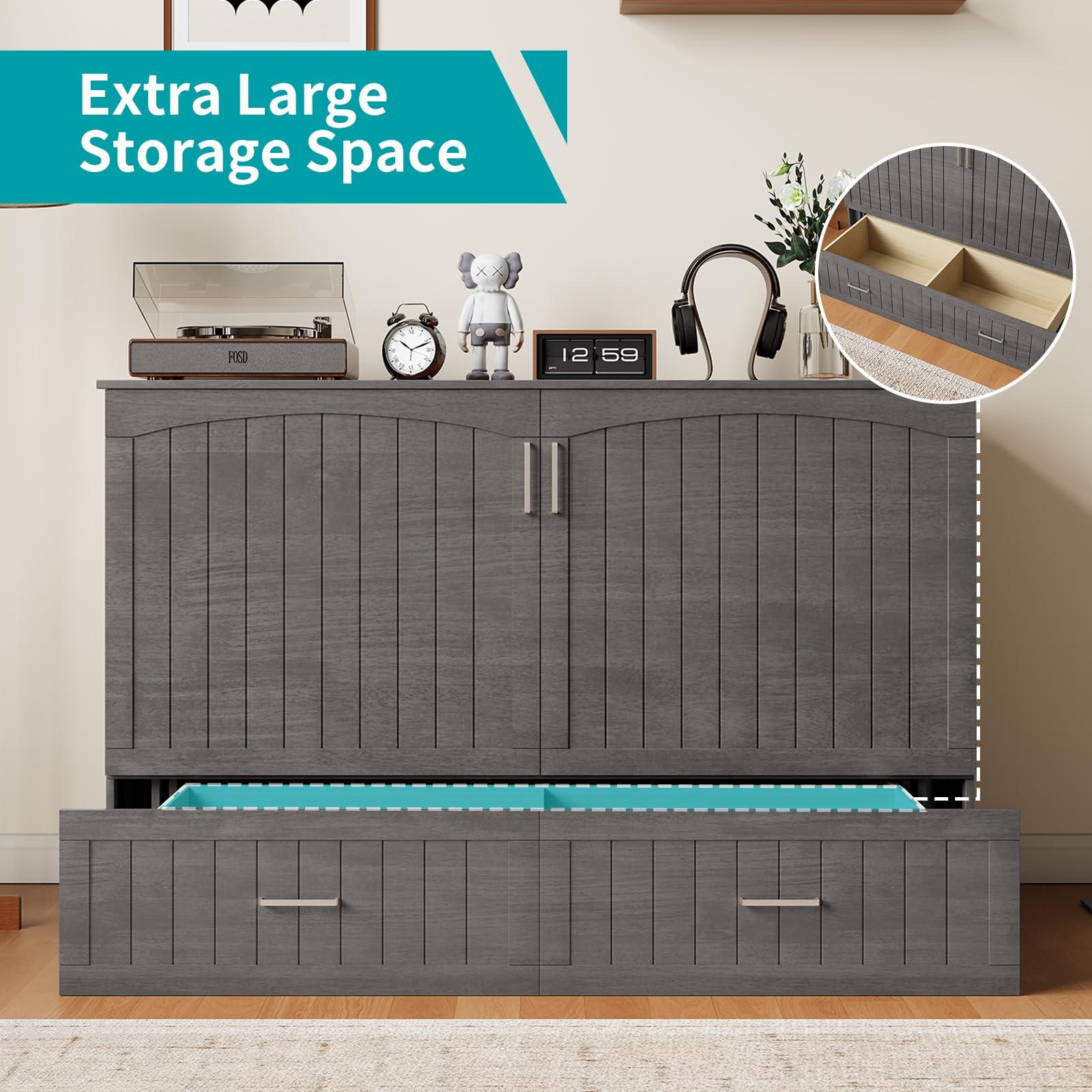 BALUS BALUS 64\" W Murphy Bed Cabinet with Mattress,Murphy Bed Queen,Modern Muti-Functional Cube Cabinet Bed 2 Large Drawers&3 Level Folding Foam Mattress for Living Room/Apartment/Loft (Stone Grey)