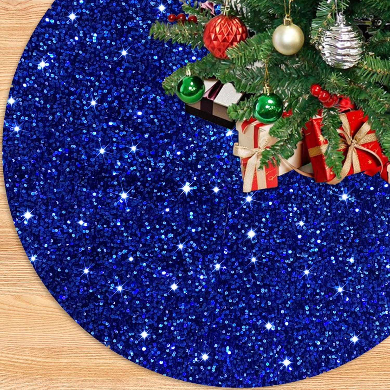 PATYDEST Christmas Tree Skirts 46 Inch Royal Blue Velvet Christmas Tree Skirt Sequin Christmas Tree Mat Rustic Tree Skirt Blue Tree Skirts for Artificial Trees Indoor Outdoor Home Blue Christmas Tree Ornaments