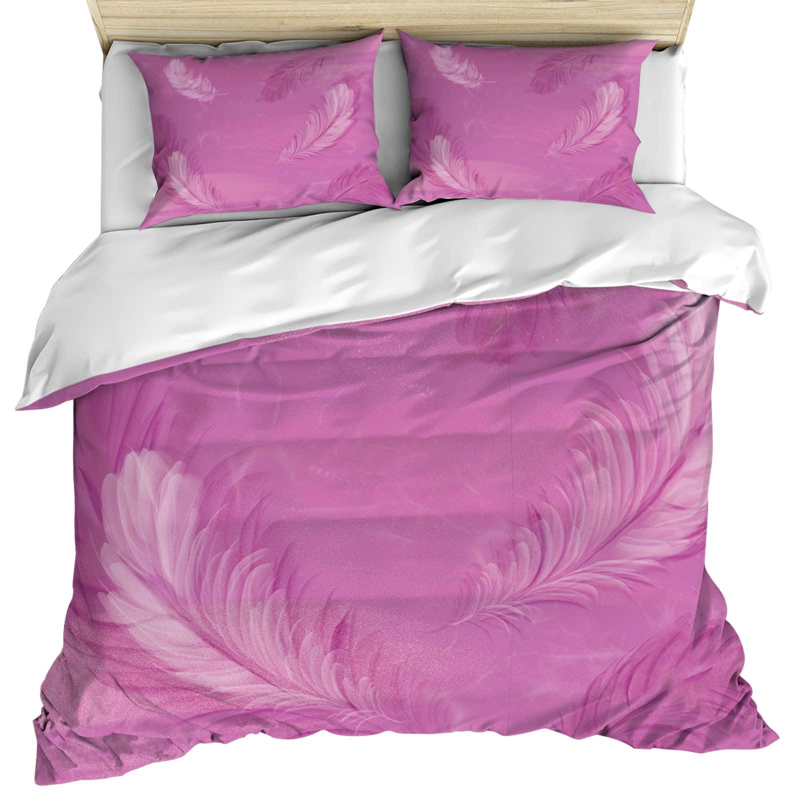 Debedcor Pink White Feather Duvet Cover Full Size, Fuchsia Ombre Smoke Comforter Cover with Zipper Closure, 3 Piece Bedding Sets 1 Duvet Cover 86x86 Inches and 2 Pillow Shams
