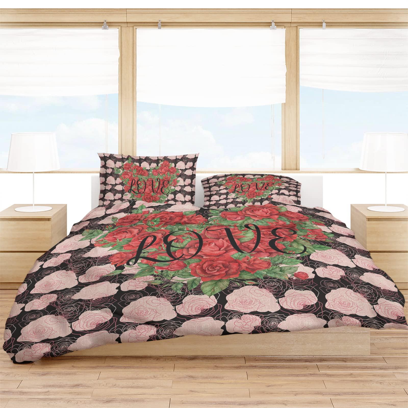Debedcor Cal. King Comforter Covers Sets Valentine\'s Day 4 Piece Duvet Cover Set Lightweight Microfiber Soft Bedding Set for Adult Teen, Red Rose Flowers Love Heart Black