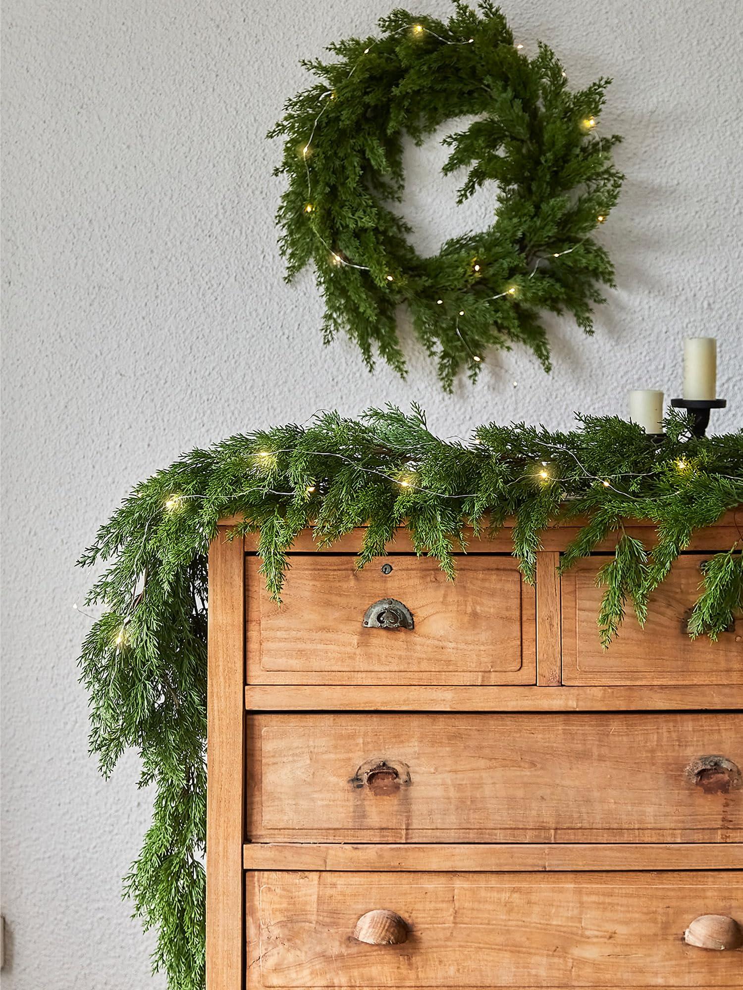 PARTY JOY 6FT PARTY JOY Seasonal Artificial Christmas Garland with Lights Pine Needle Cypress Garland for Holiday Winter Indoor Outdoor Decor