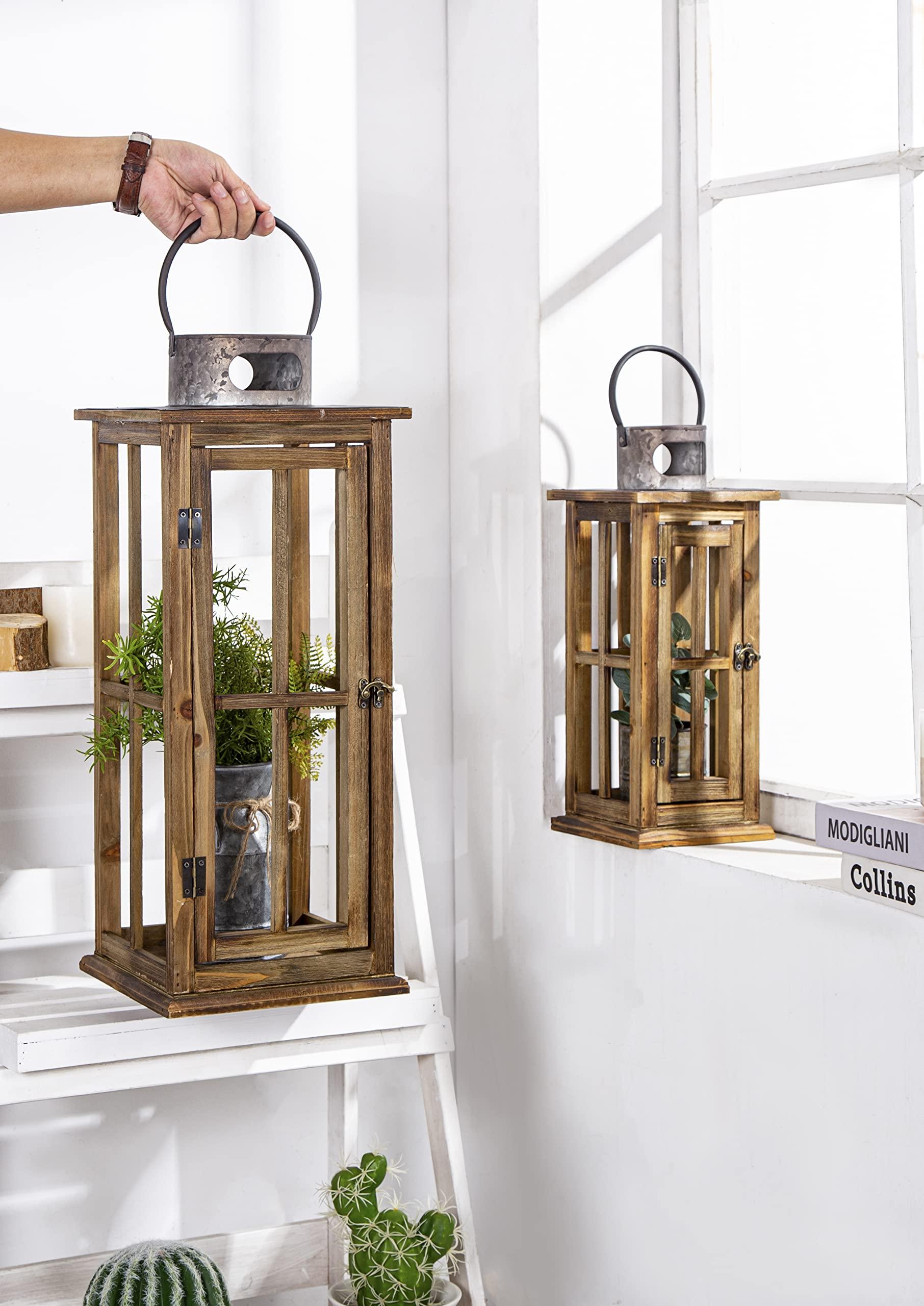 TIMRIS TIMRIS Large Farmhouse Wooden Metal Lantern Set of 2, Rustic Decorative Floor Candle Lanterns, Vintage Distressed Hanging Lanterns for Home Dcor (No Glass)