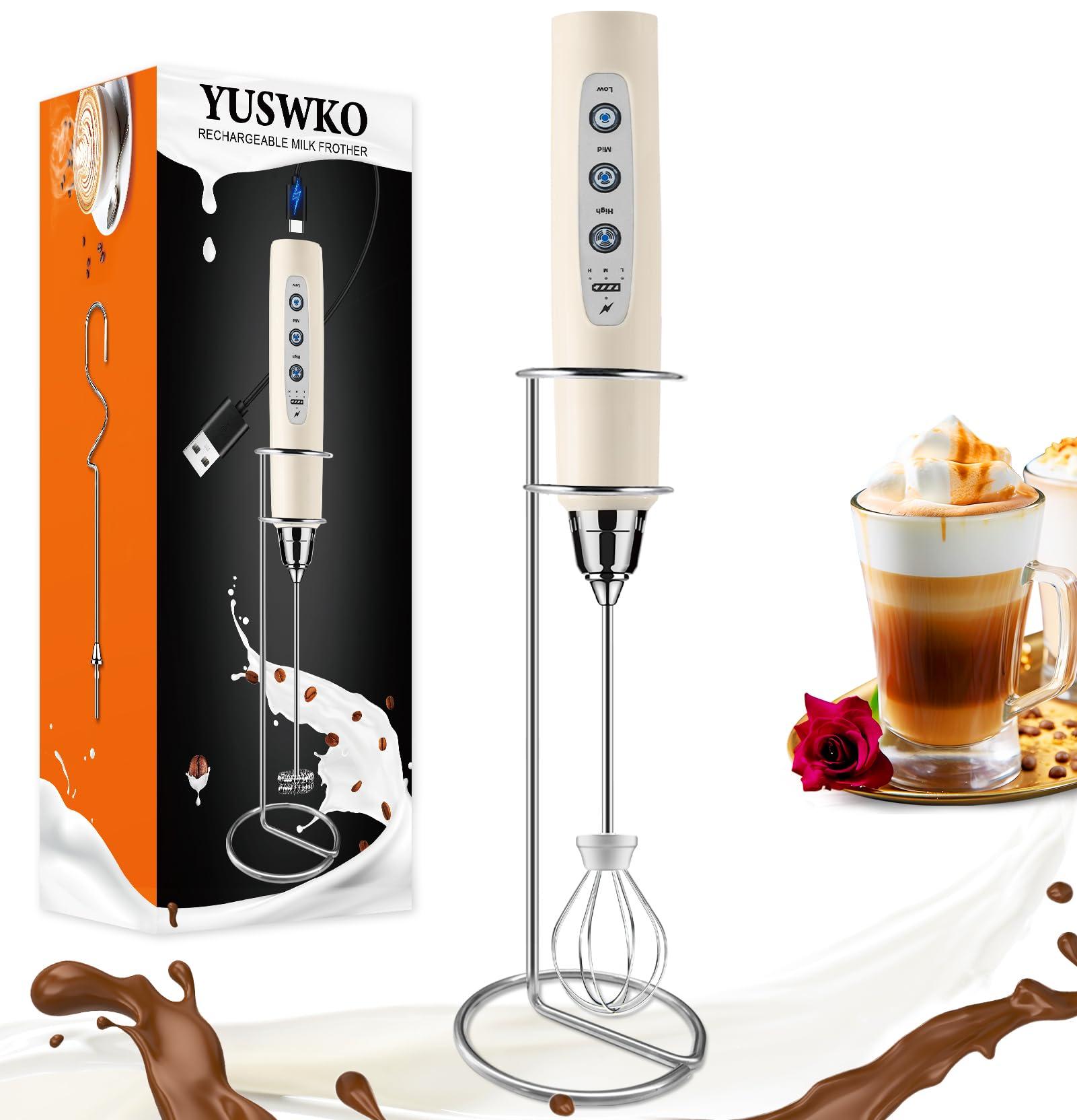 YUSWKO YUSWKO Beige Handheld Milk Frother Wand with Stand for Coffee, Rechargeable Electric Whisk with 3 Heads 3 Speeds Drink Mixer Coffee Frother For Latte, Cappuccino, Hot Chocolate, Egg