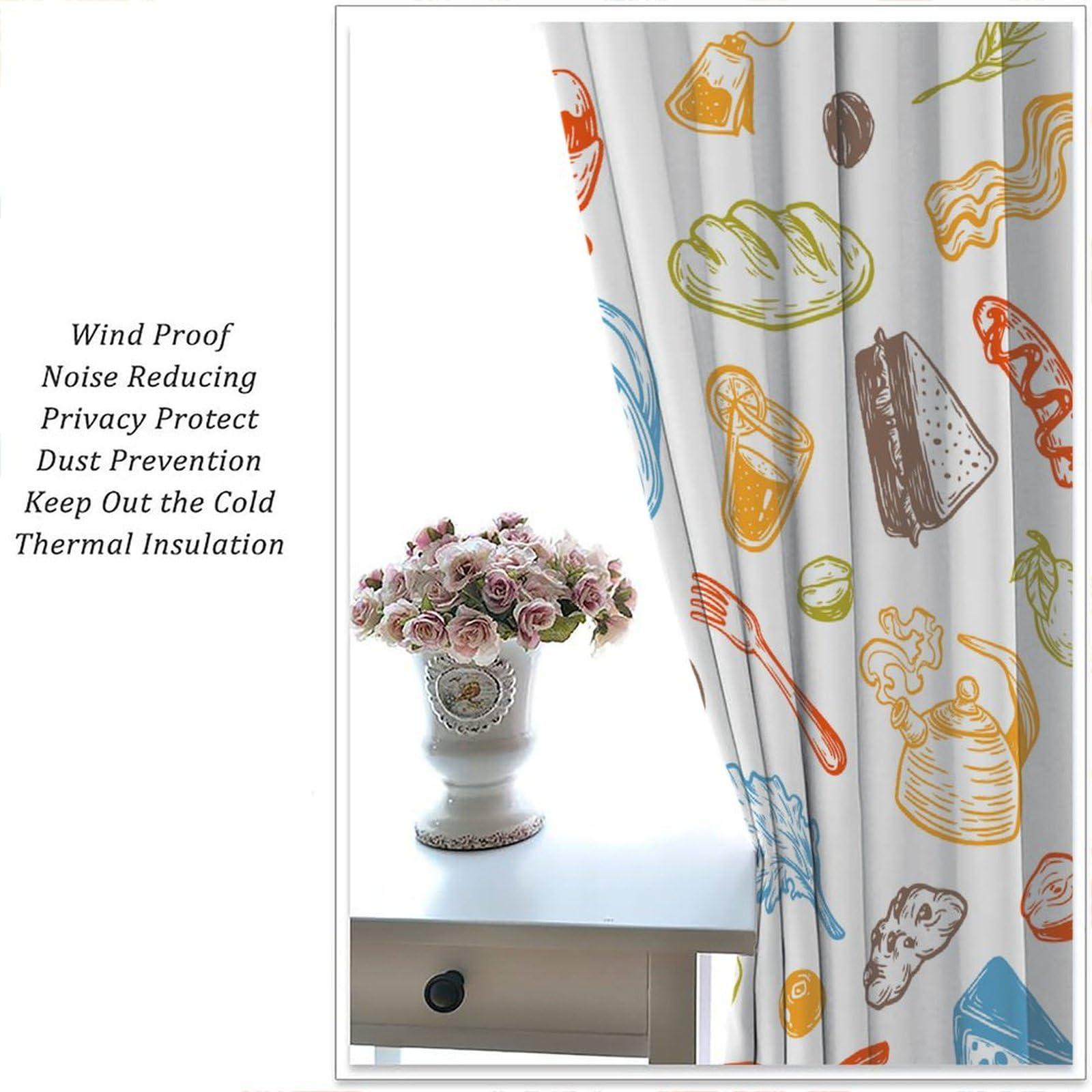 Chocolatemaoutdash Breakfast and Morning Blackout Curtains Vector Breakfast Food,Meal and Drinks Rod Pocket Thermal Insulated Drapes Darkening Window Curtain for Bedroom Living Room Kitchen 31.5x63in x 2
