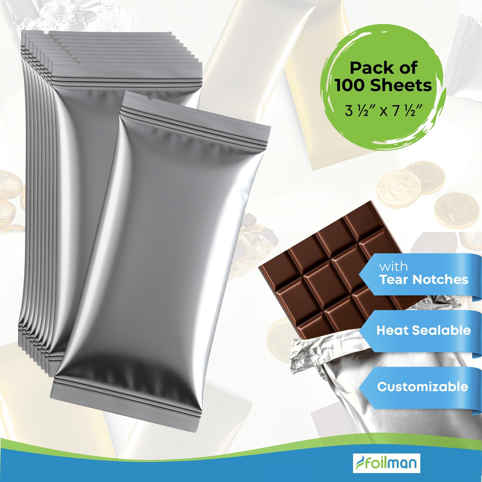 Foilman Foilman - Heat Seal Bags (Metallized) For Chocolate Bar Wrapping With Tear Notches - 100 Pack (3 1/2 x 7 1/2, Silver)