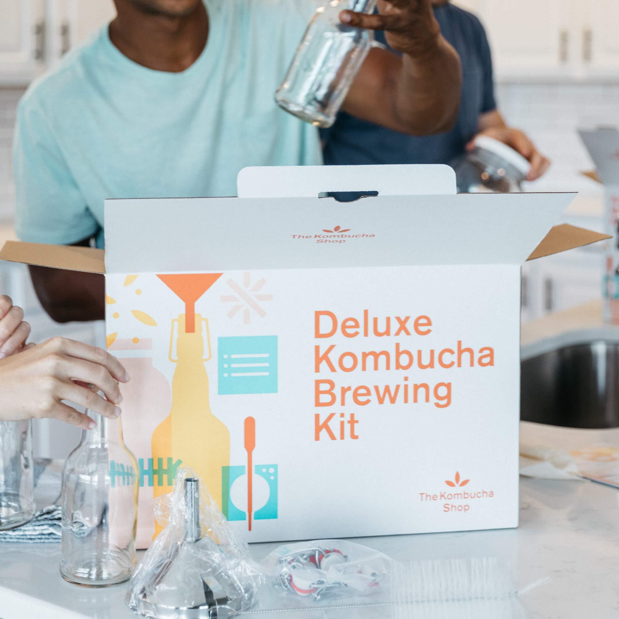 The Kombucha Shop The Kombucha Shop, Deluxe Kombucha Brewing Kit with Tea to Make an Additional 10 Gallons - Six Swing Top Bottles, Stainless Steel Funnel, Custom Bottle Brush, 10 Gallon Tea & Our Original Brewing Kit