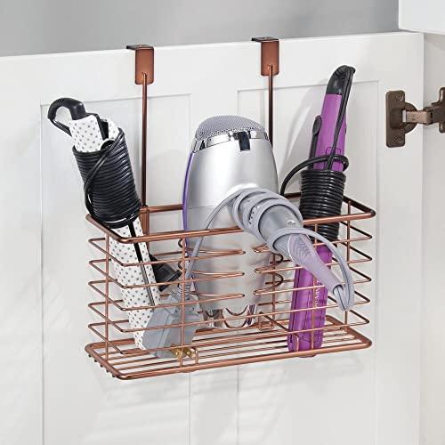 mDesign mDesign Steel Over Cabinet/Door Hair Dryer Holder Storage, Hair Styling Tool Organizer Basket for Bathroom - Hair Blow Dryer, Flat Iron, Curling Wand, Hair Straightener, Linelle Collection - Bronze