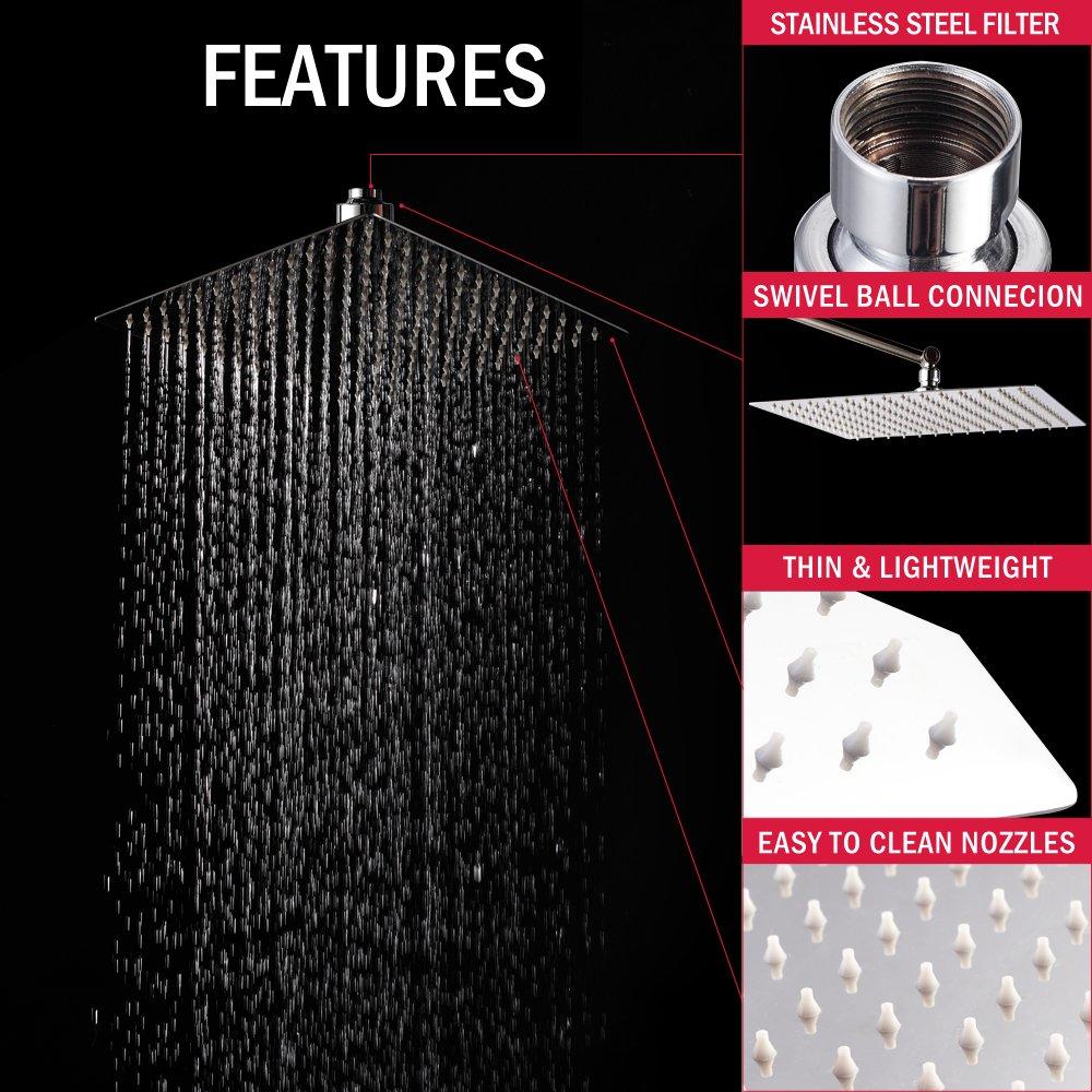 Lordear Lordear 12 Inch Rainfall Shower Head Polish Chrome Solid Ultra Thin 304 Stainless Steel Rain Setting Shower Heads,Waterfall Full Body Coverage with 144 Silicone Nozzles