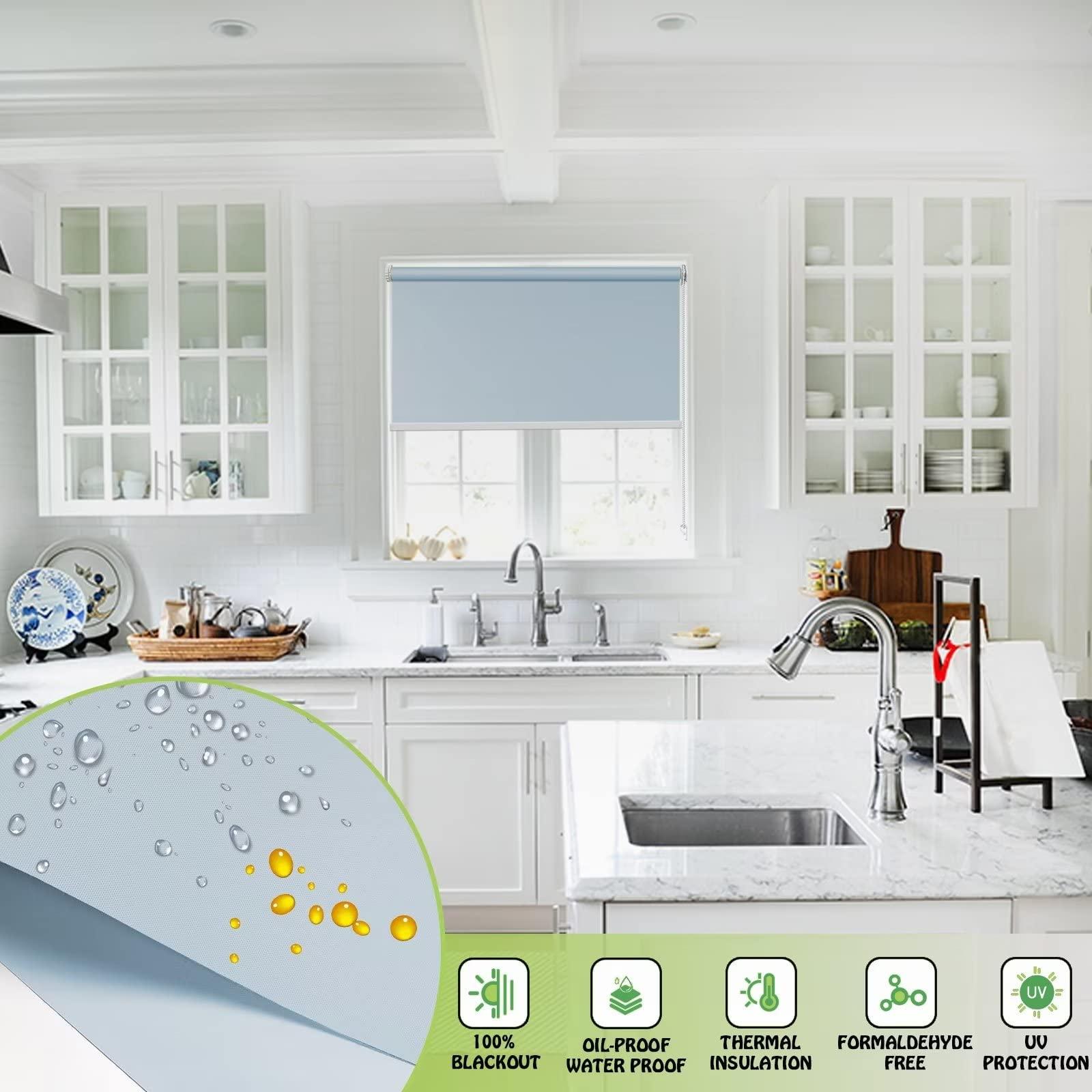 fhsblinds FHSBLINDS No Tool No Drill Blinds for Windows Roller Window Shades-Room Darkening Waterproof Blackout Custom Window Blinds & Shades for Home Kitchen Office (Sky Blue 100% Blackout, 24" W x 48" H)