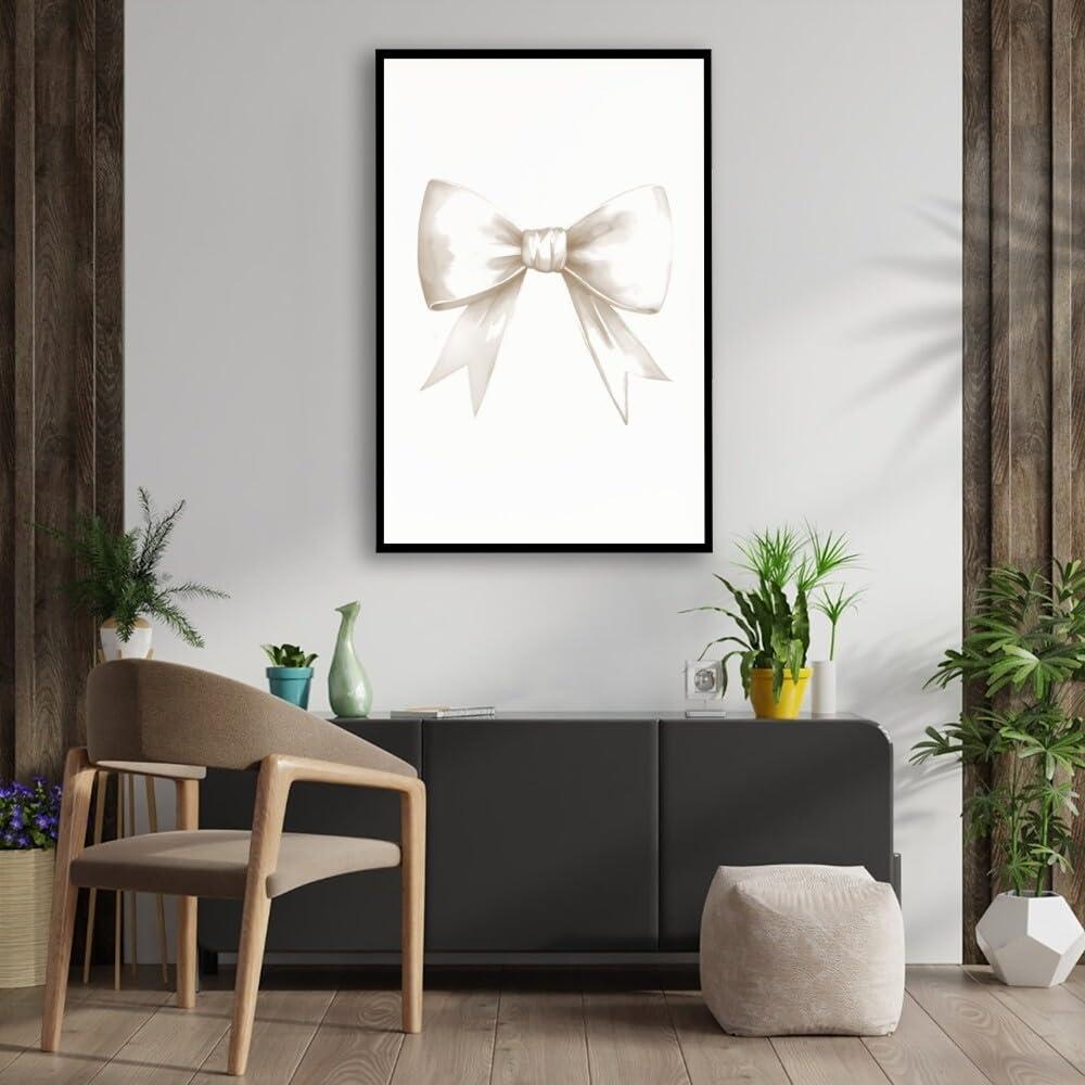 Generic Beige Bow Poster Preppy Aesthetic Wall Art Coquette Room Decor Beige Canvas Bow Print Girl Wall Art Pastel Prints Bedroom Wall Decoration16x24inch Framed