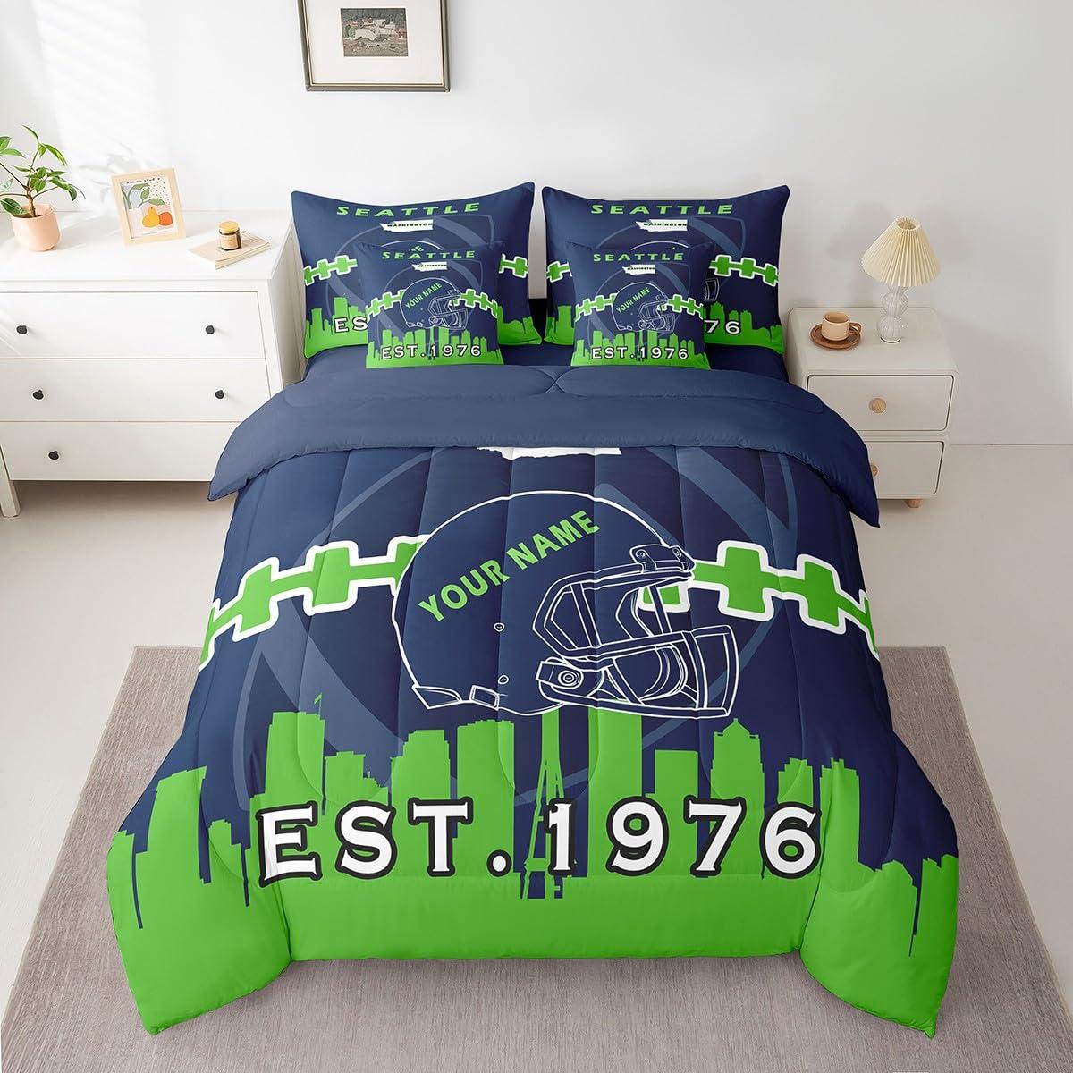 Erosebridal Erosebridal 7 Pcs Comforter Set King Size,Personalized Kids Football Bed in a Bag with Flat Sheet and Fitted Sheet for Kids and Adults,Sports Bedding Set with Pillowcase and Sham(Seattle)