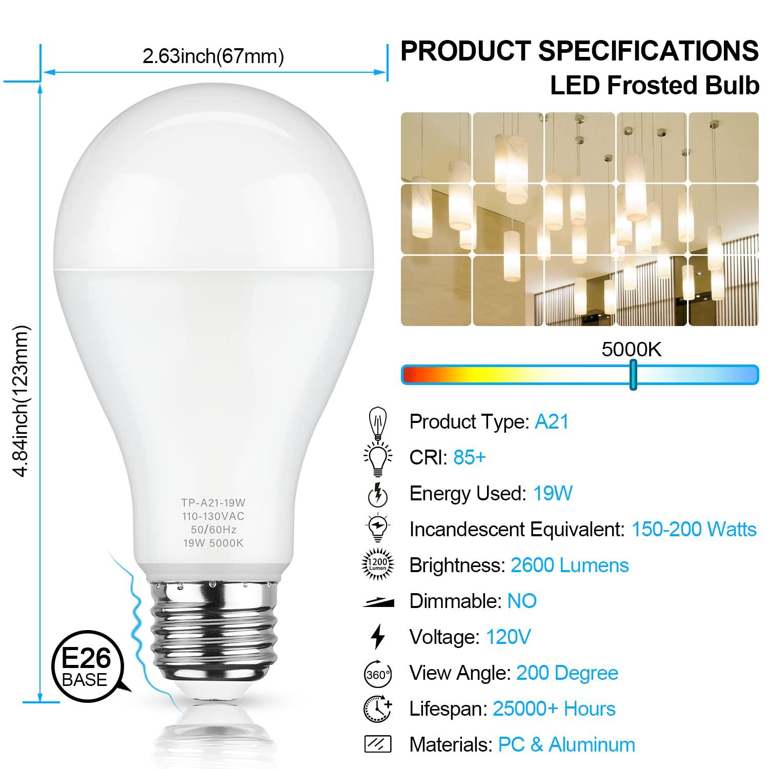 MAXvolador MAXvolador A21 LED Light Bulbs, 150 Watt Equivalent Daylight White 5000K, 2600LM, E26 Base, Non-Dimmable, 19W Bulbs Commercial Lighting, Pack of 6
