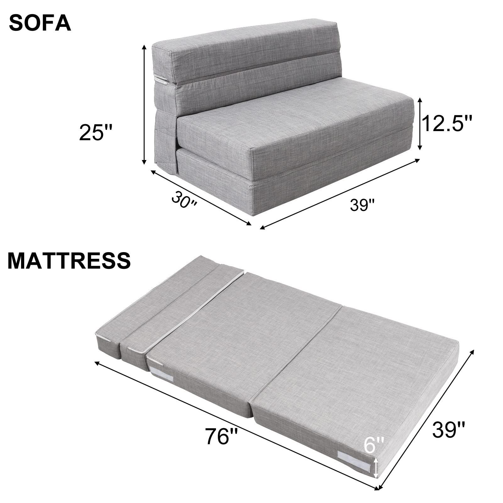 ANONER ANONER Folding Sleeper Chair Sofa Bed Lazy Couch with Pillow, Twin Size, Light Gray