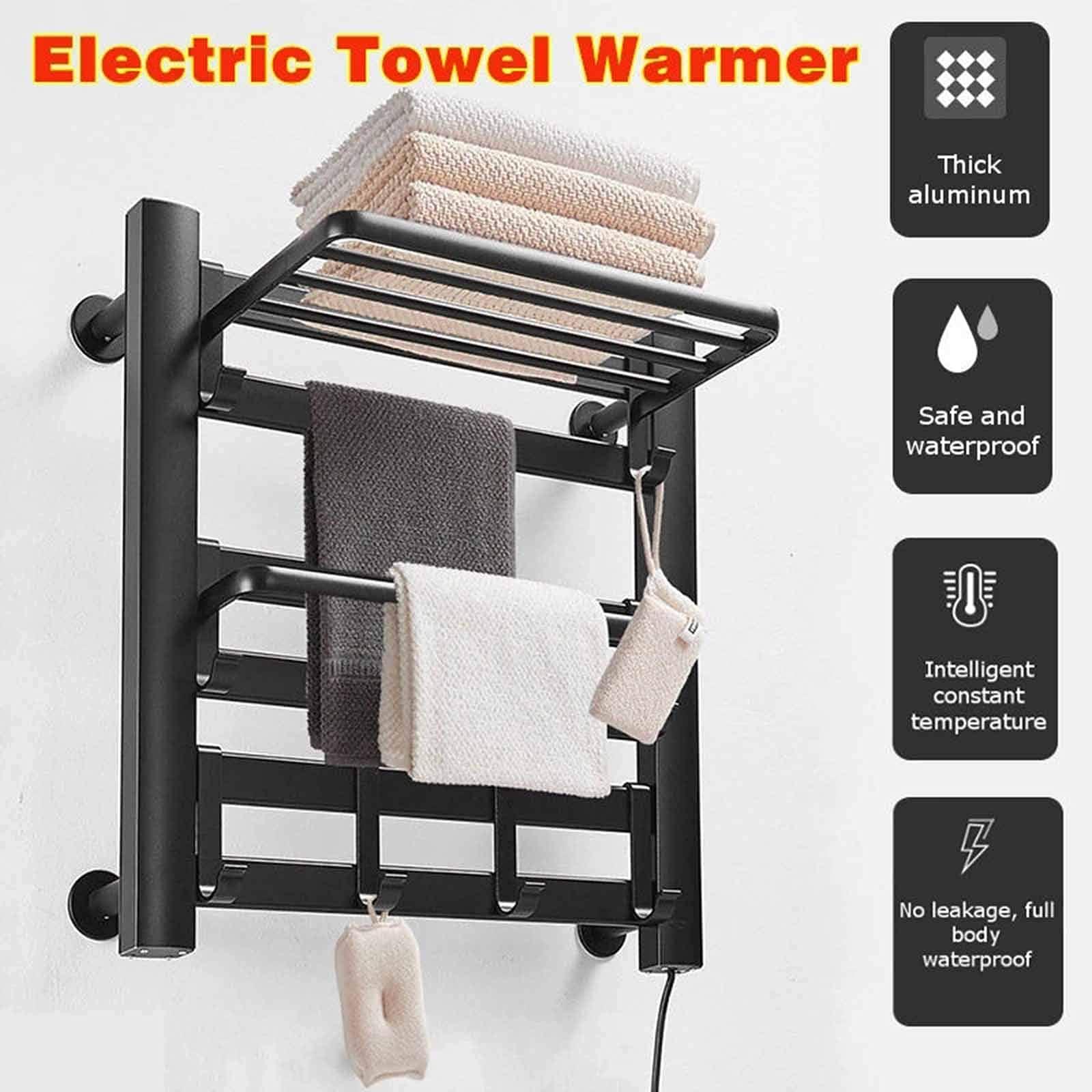 SDdPulse Towel Warmer/Electric Towel Warmer Radiator, Electric Heated Towel Rack with Top Tray Wall Mounted, 6 Bars Aluminum Alloy Electric Towel Heater Rack for Home Bathroom,White,Plug in (Black Plug in)