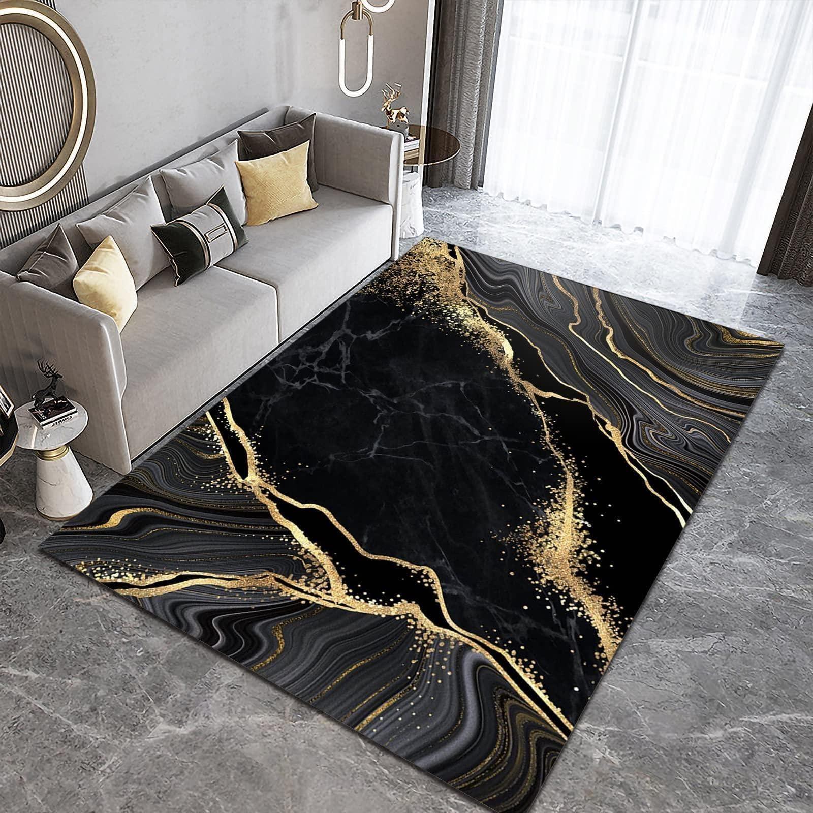 CALLNA Luxury Black Gold Marble Area Rug, Abstract Gilt Textured Line Art Machine Washable Large Rugs, with Anti-Slip Easy Clean Carpet for Living Room Bedroom Kitchen Dining Room Home Office-4' x 5'