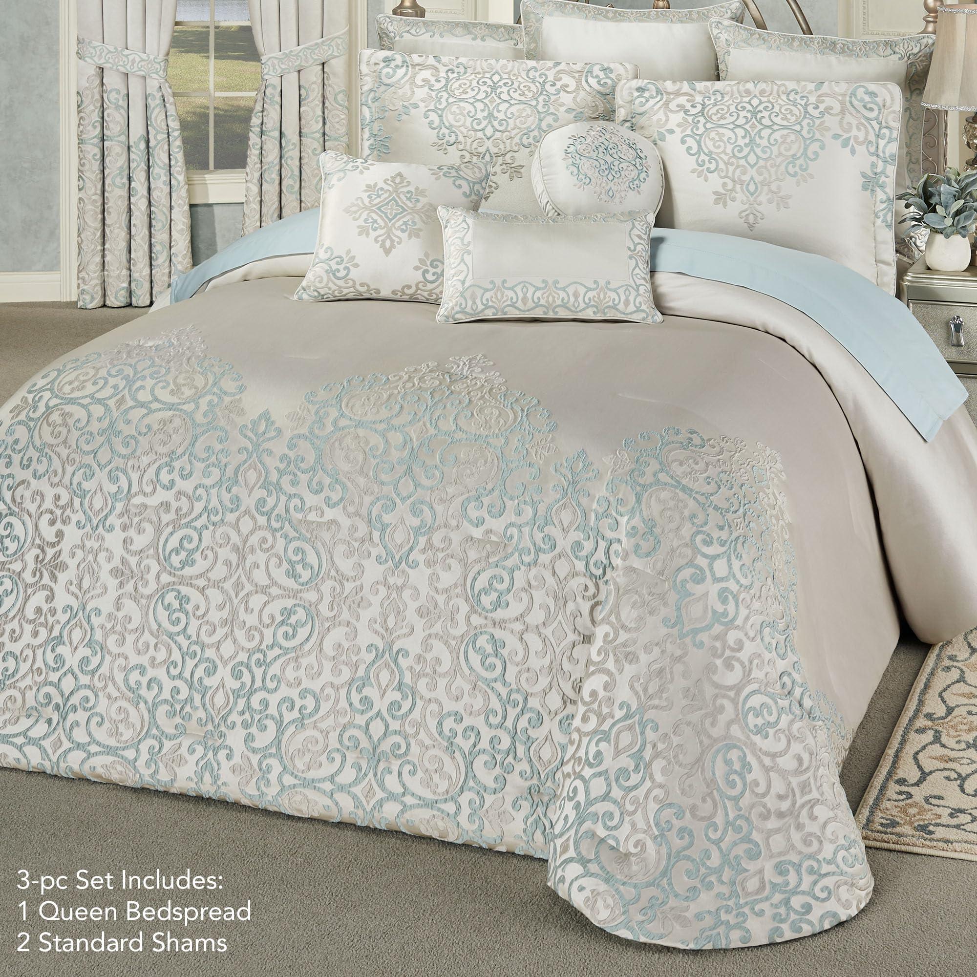 J. Queen New York Luxurious Avalon Bedding | Sophisticated Elegant Jacquard Woven Scroll | Oyster Spa Silver Gray | 3 Piece Set: Queen Bedspread and 2 Standard Shams