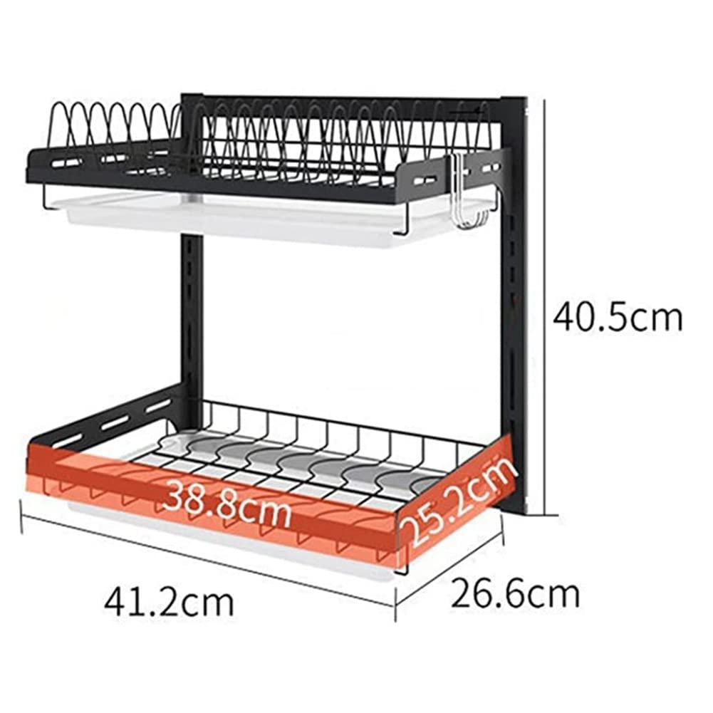 ma hai fei 304 Stainless Steel Kitchen Dish Rack, 2/3-Tier Hanging Wall Mount Drying Organizer for Dishes, Bowls, Mugs Includes Drain Trays (Color : Silver-C, Size : 41.2x26.6x40.5cm)