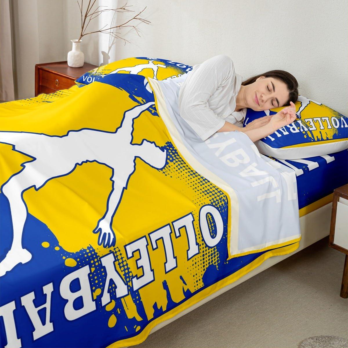 Homewish Volleyball Player Kids Sheet King Size,Sports Games Competition Lover Bedding Set,Girls Boys Adults Room Decor,Yellow Graffiti Fashion Blue Chic Bed Sheet Set 4pcs(Fitted + Flat + 2 Pillowcases)