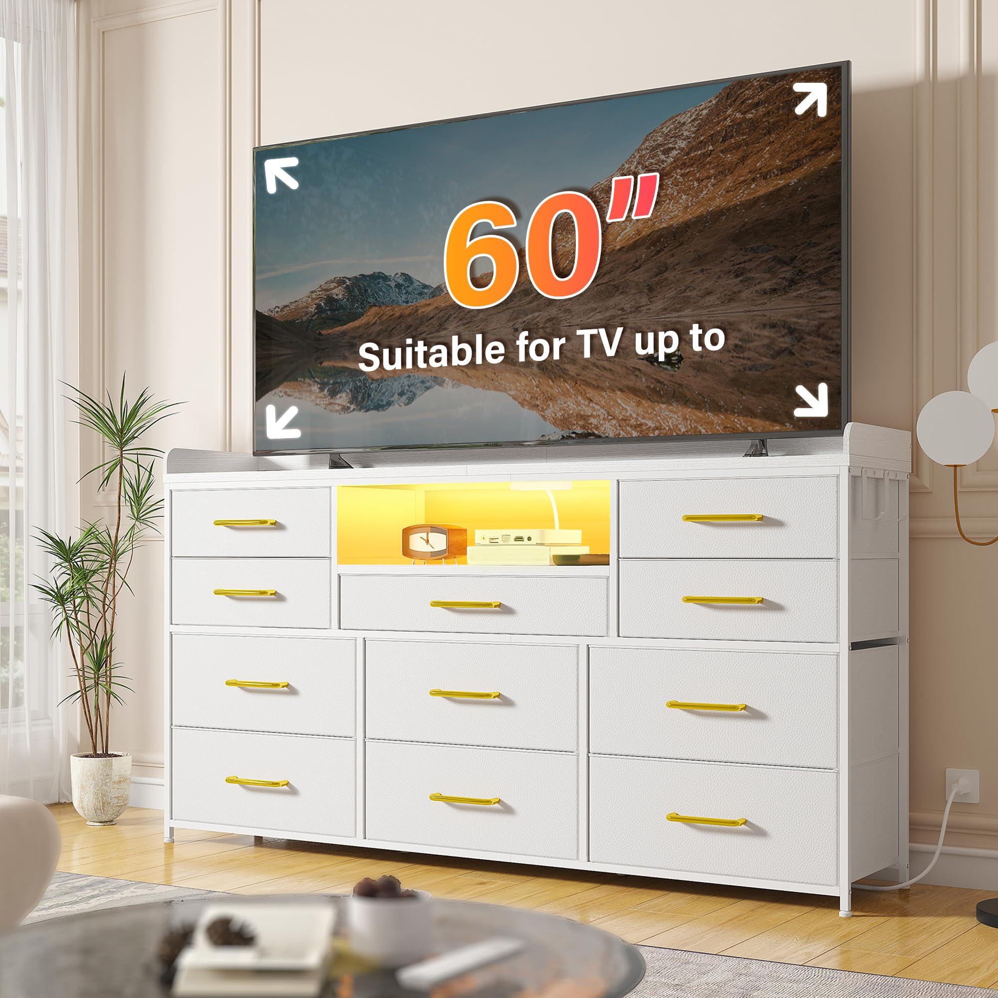 EnHomee EnHomee Dresser TV Stand with 11 Drawers for 60\" TV Stand for Bedroom with LED Lights & Power Outlets Long Dresser for Bedroom with Shelves & 4 Hooks Sturdy Metal Frame & Wood Top, White