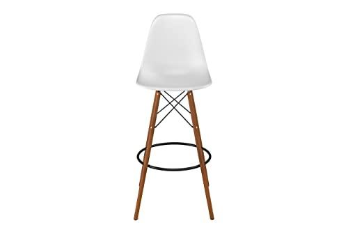 Inmod Signature Collection Inmod Molded Plastic Bar Stool with Wood Legs, Set of 2, Matte White, Walnut DSW Modern Barstools, Mid-Century Molded Shell Armless Bar Stools, Matte White/Walnut